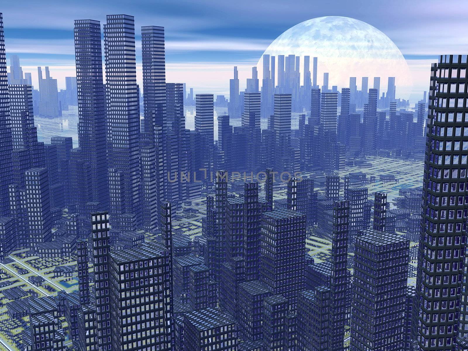 Modern alien futuristic city with lots of high buildings by hazy night with moon