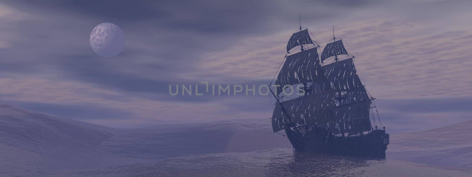 Old ghost boat floating on the ocean by grey foggy night with full moon