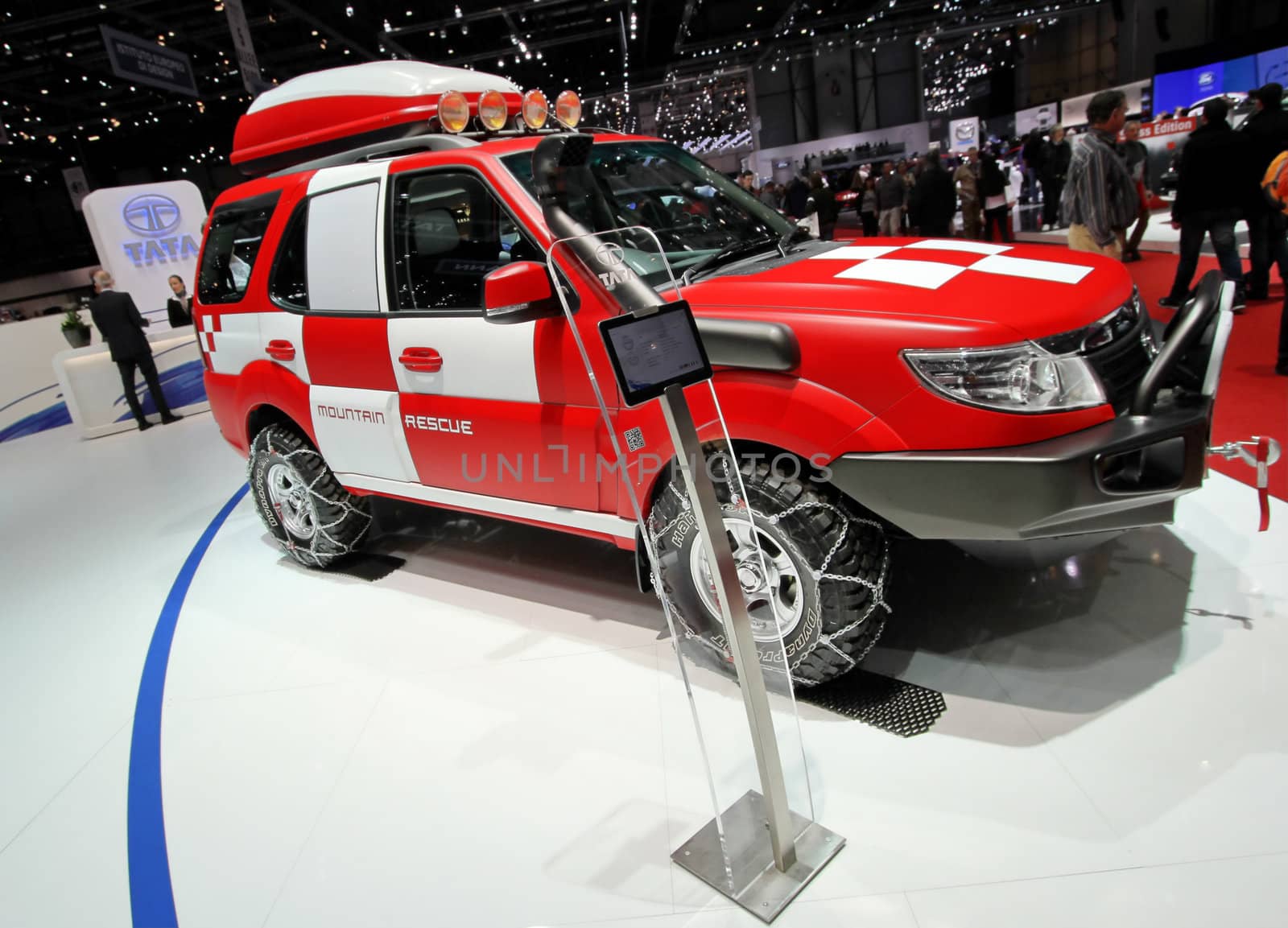 GENEVA - MARCH 8 : red and white Tata Safari Storme mountain rescue concept on display at the 83st International Motor Show Palexpo - Geneva on March 8, 2013 in Geneva, Switzerland.