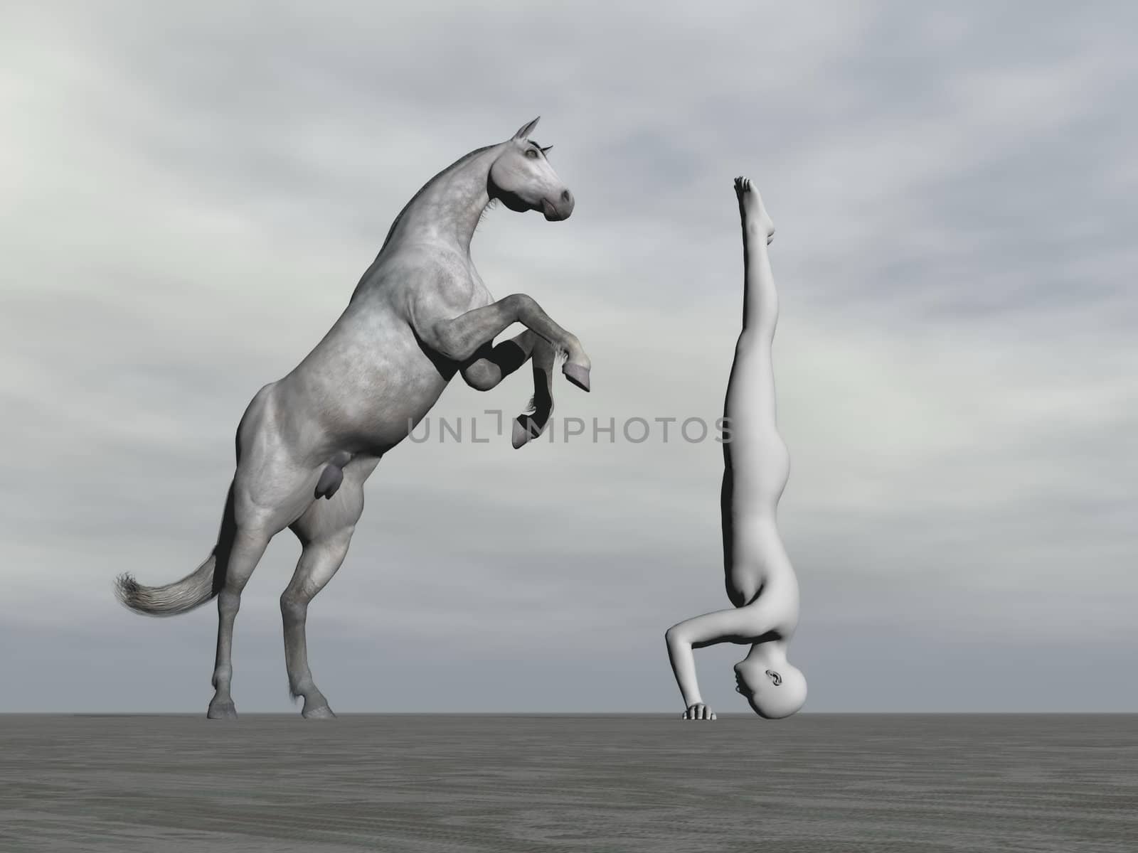 Human practicing yoga in front of rearing horse in grey background