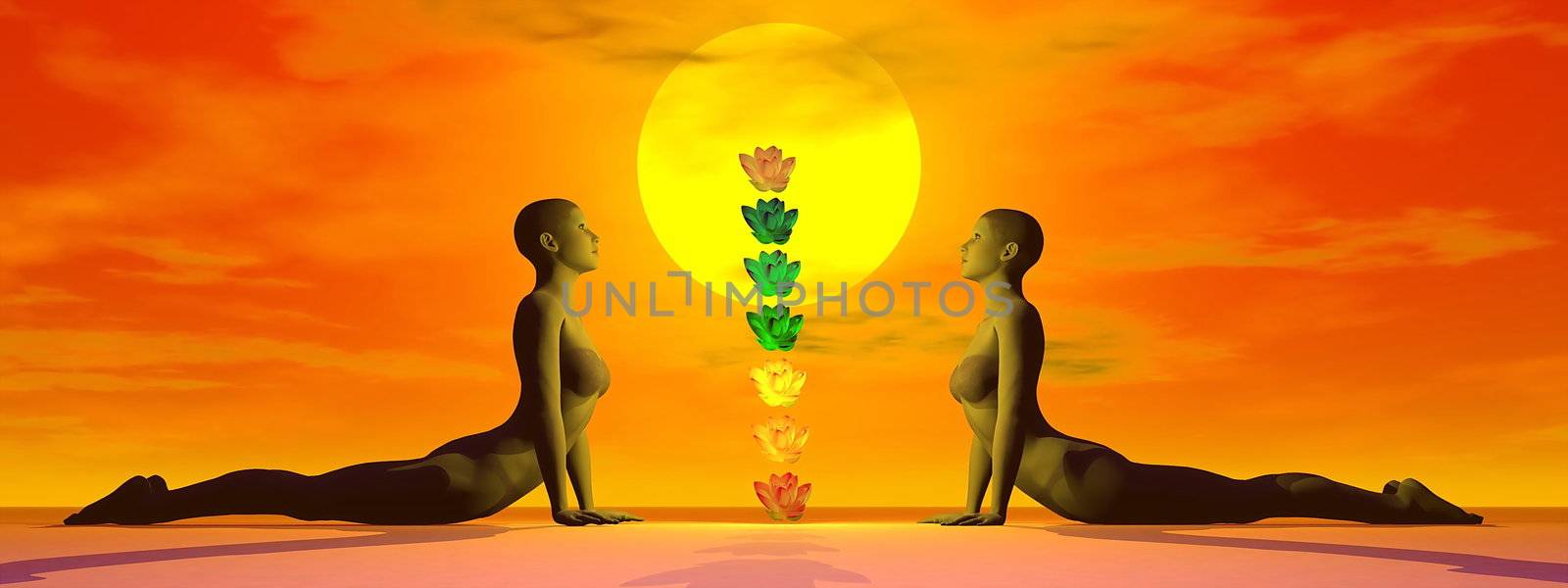 Two women in cobra posture facing a lotus flower column with seven chakra colors in front of red sunset