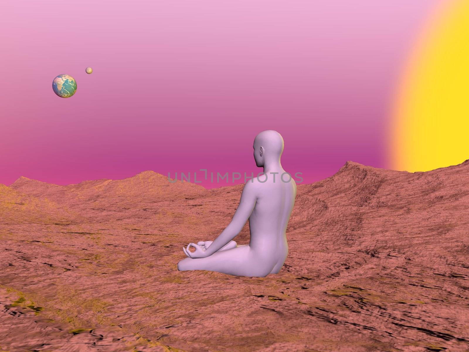 Human meditation sitting in lotus posture on mars and looking at the earth and moon planets