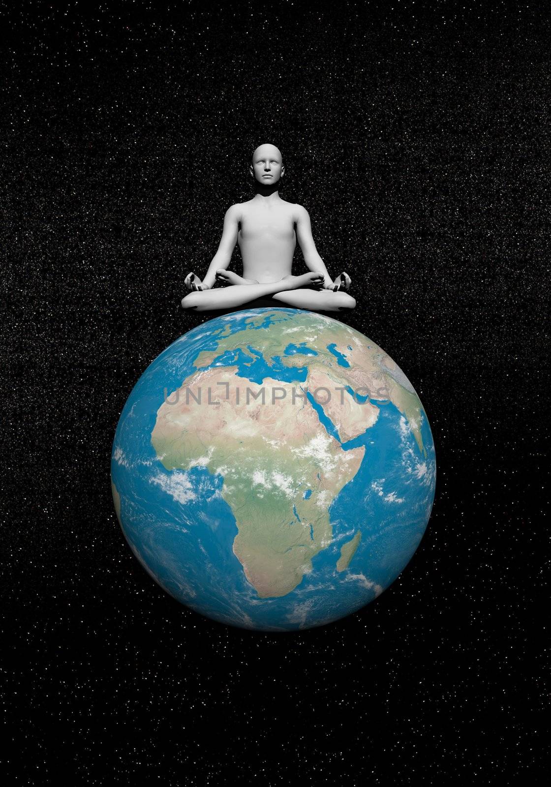 Human meditating quietly on the earth in universe background