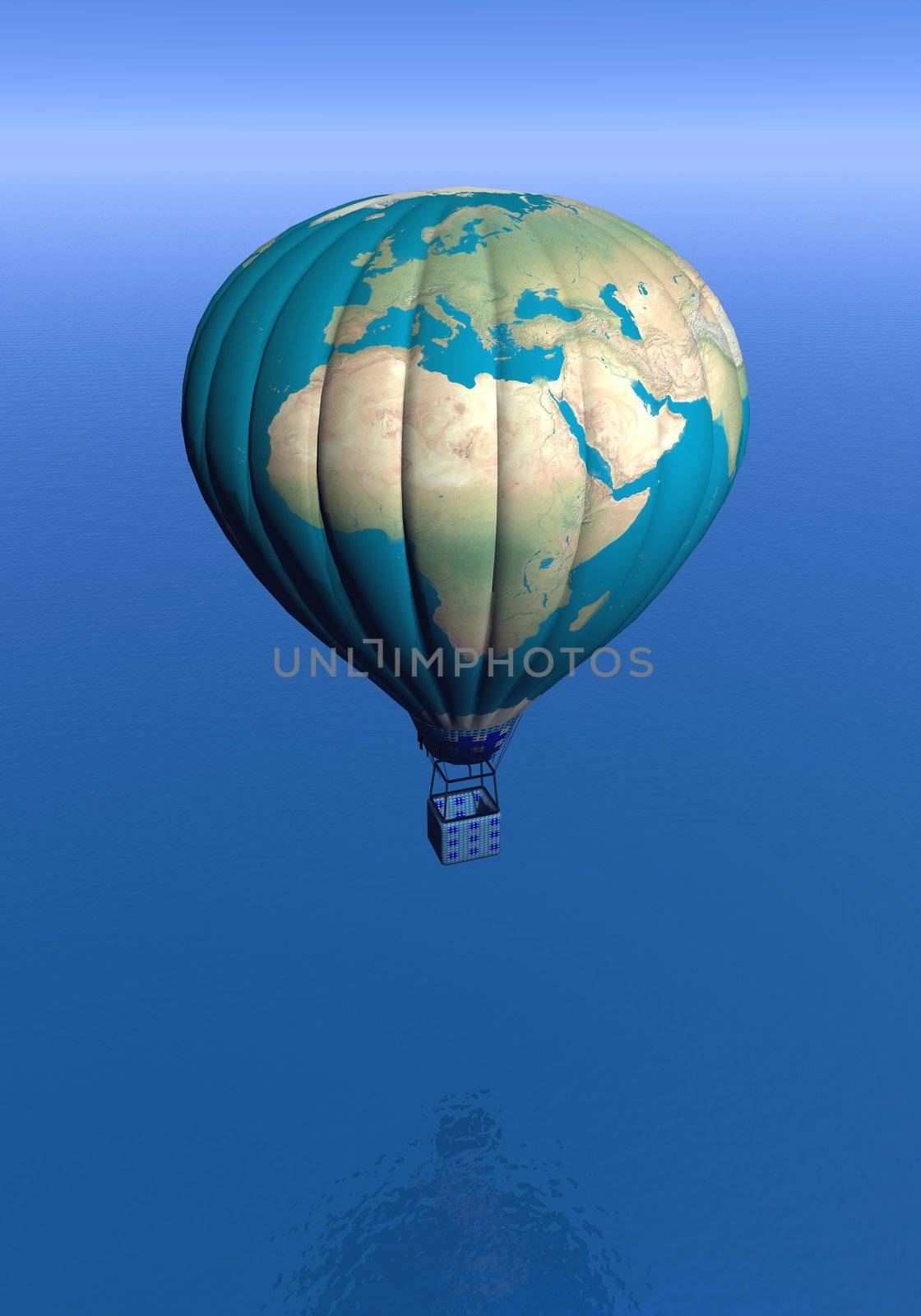 One hot air balloon with earth map flying in the blue sky and upon the ocean