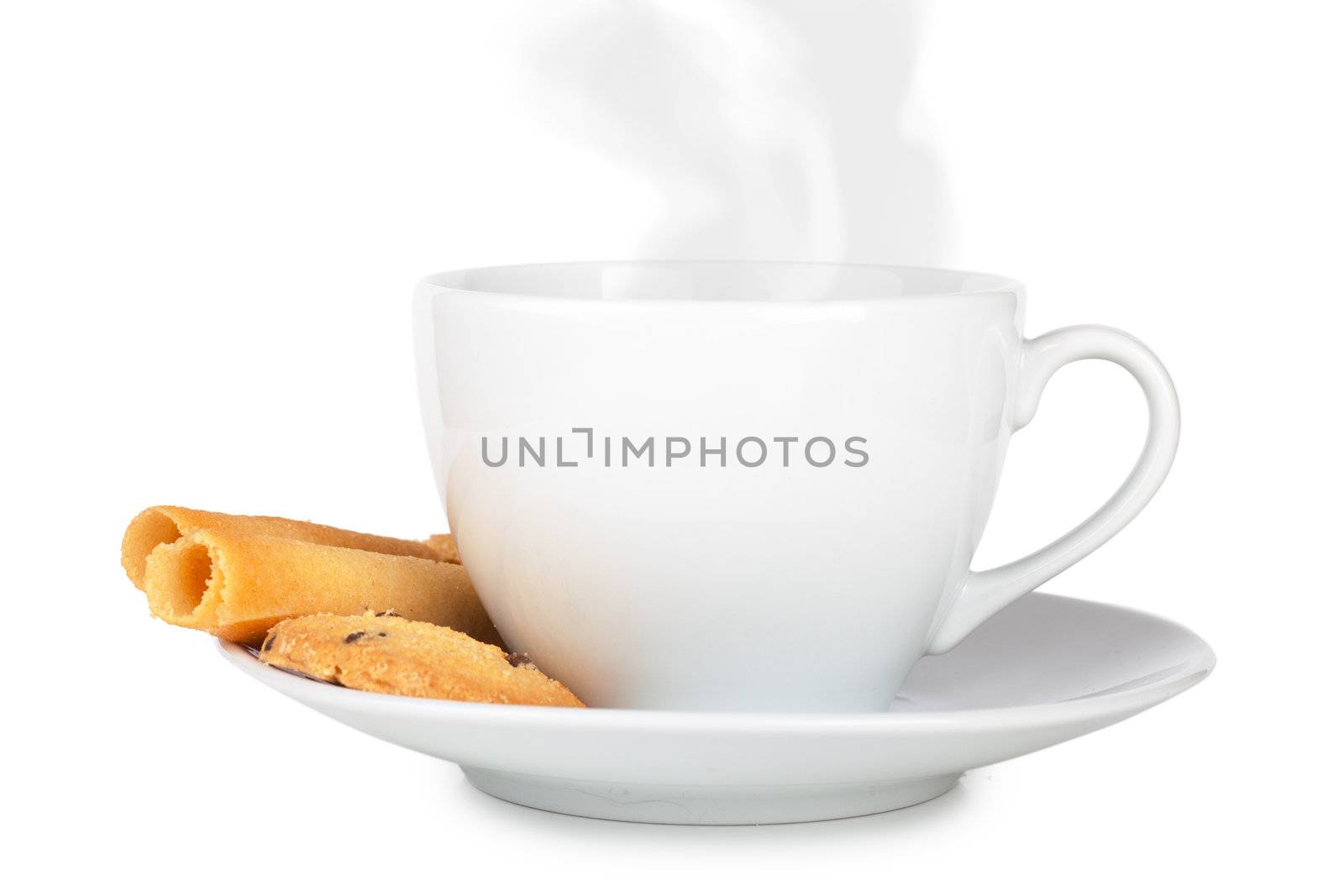 Cup of coffee with roll shaped cookies on a wooden table