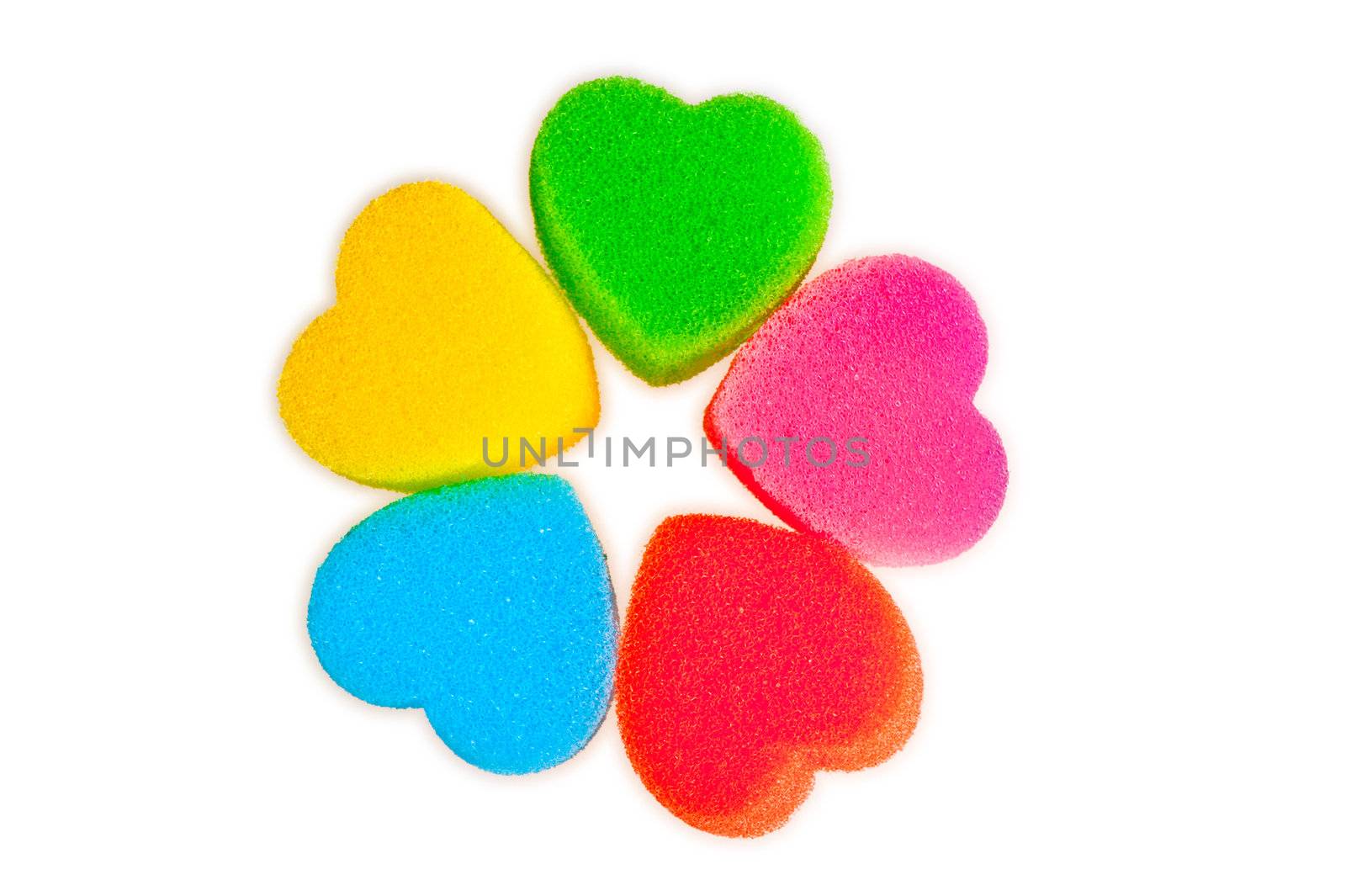 Flower of colored hearts on white