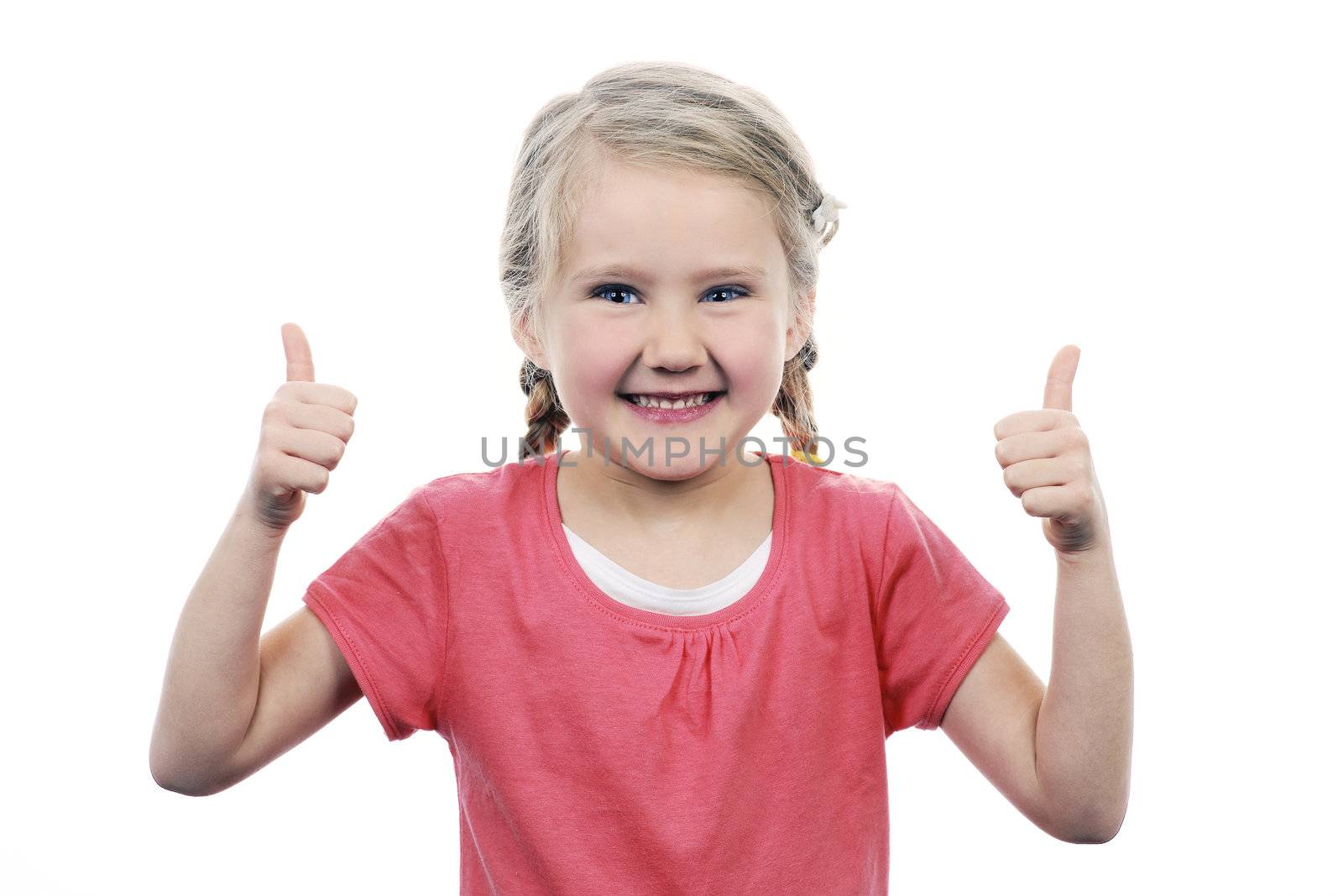 Portrait of a beautiful girl showing thumbs up