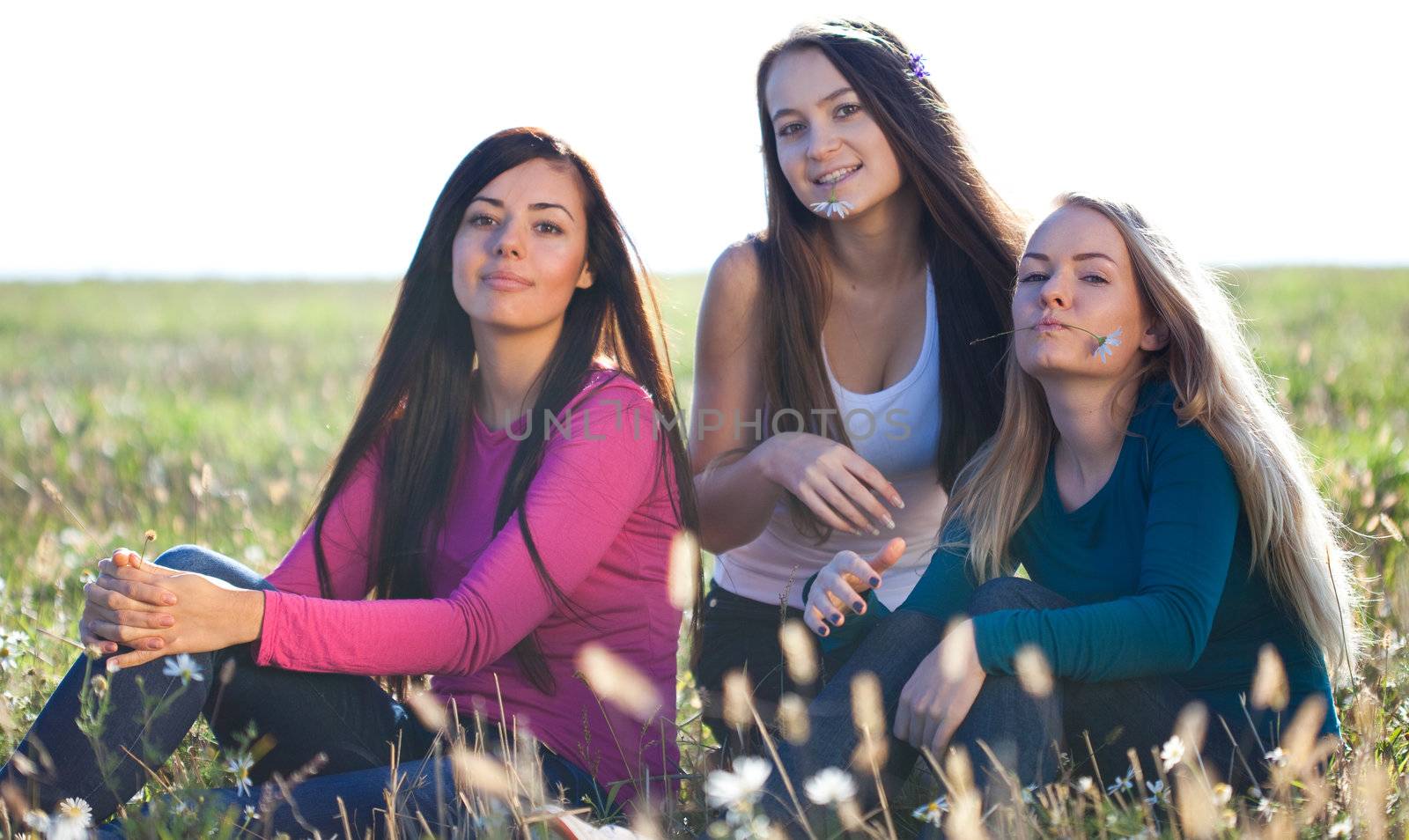 three young beautiful woman sitting in a field on the  sky background 