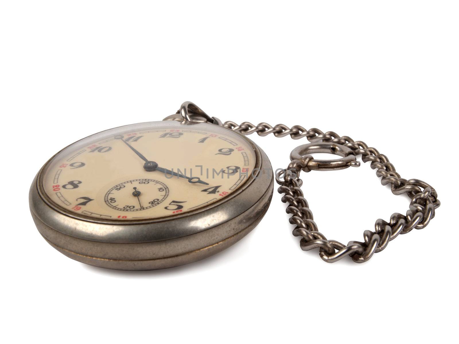 vintage pocket watch with chain isolated on white