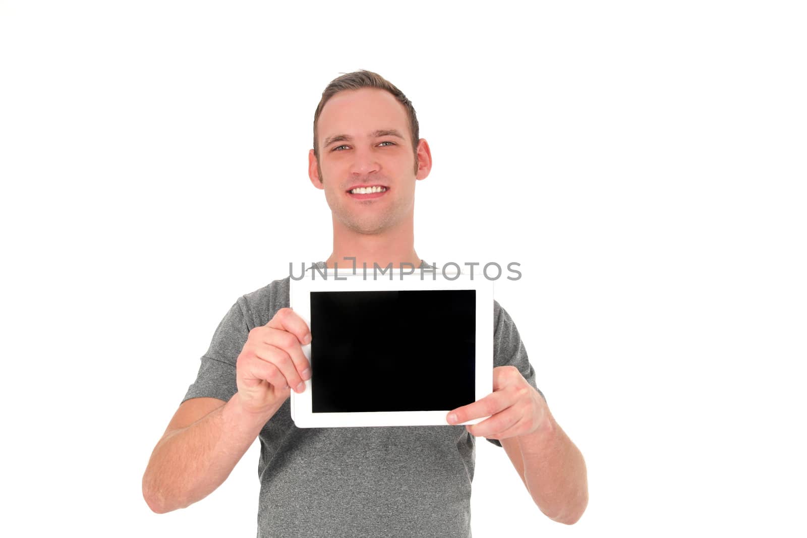 Smiling young man showing his tablet by Farina6000