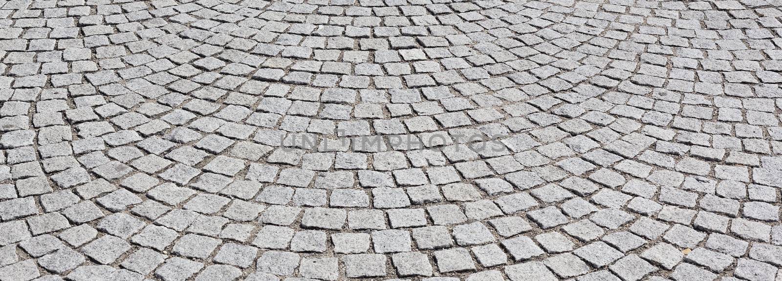 paving stone on old road in Lyon city, panoramic view