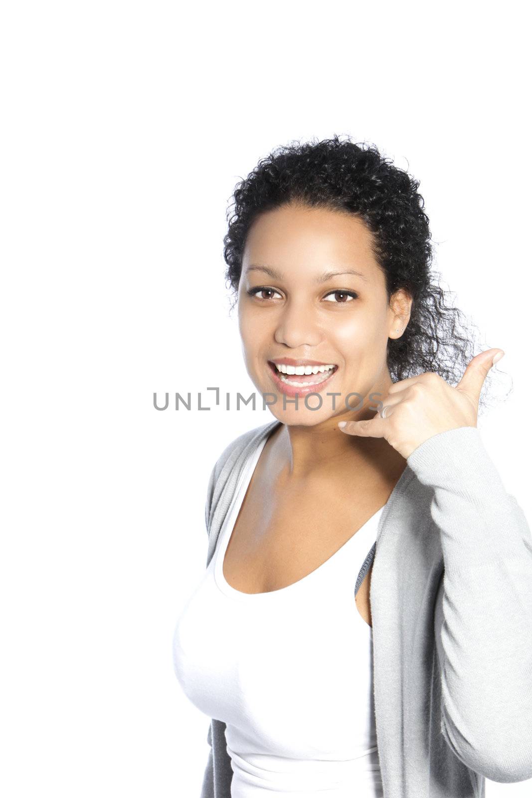 Beautiful young African American woman making a Call Me gesture with her hand isolated on white