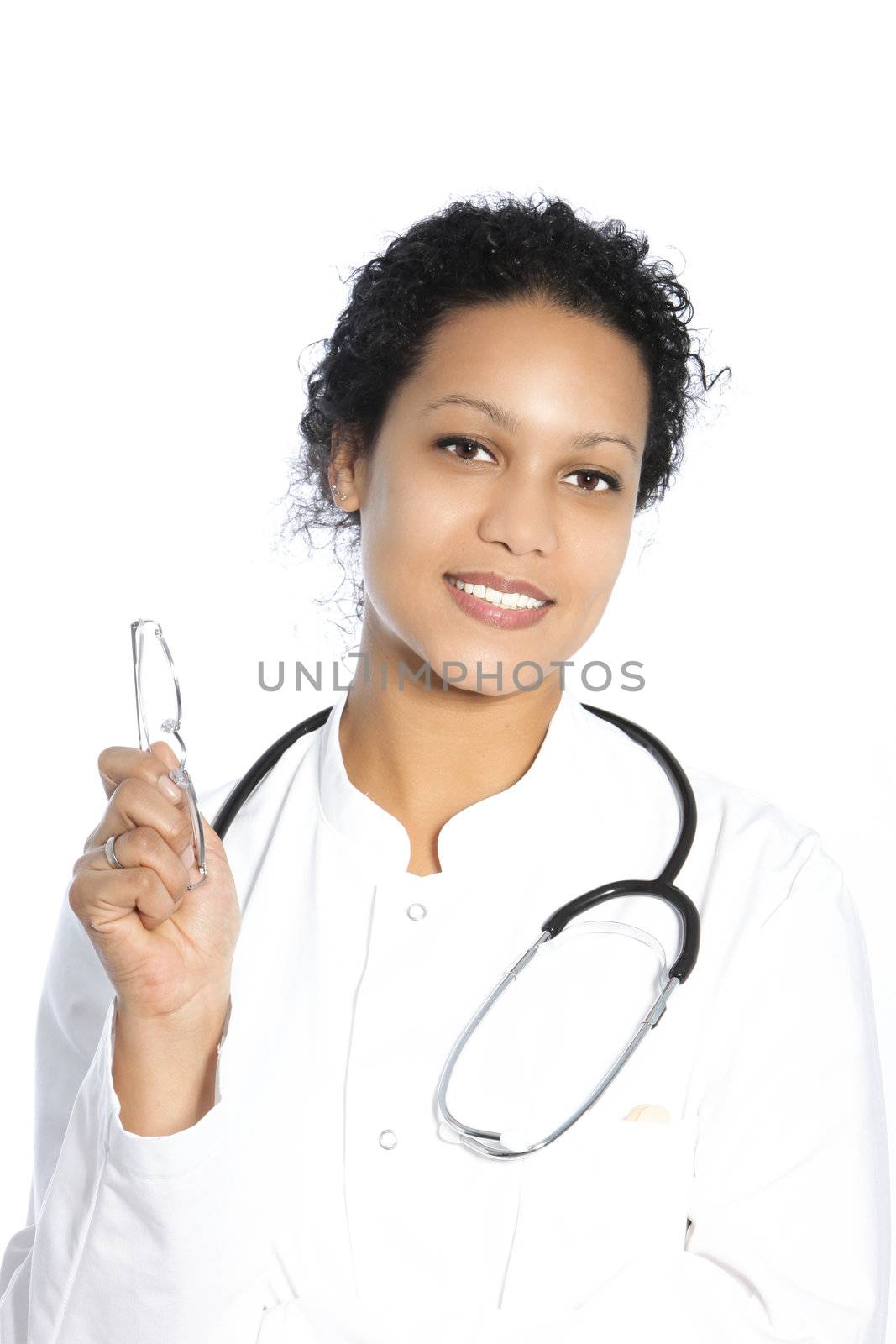 Positive female doctor holding her glasses isolated on white