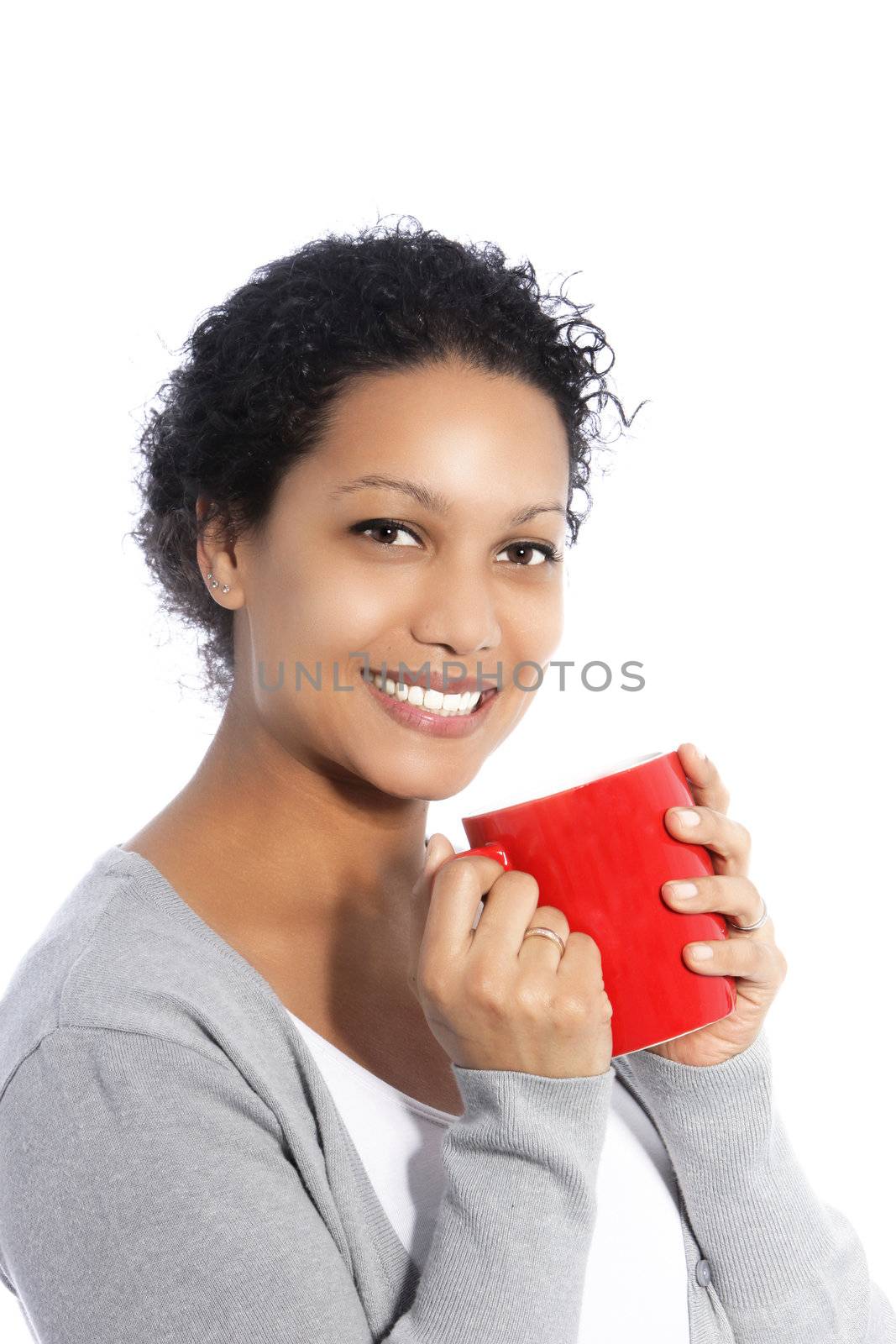 Smiling woman with red cup of coffee by Farina6000