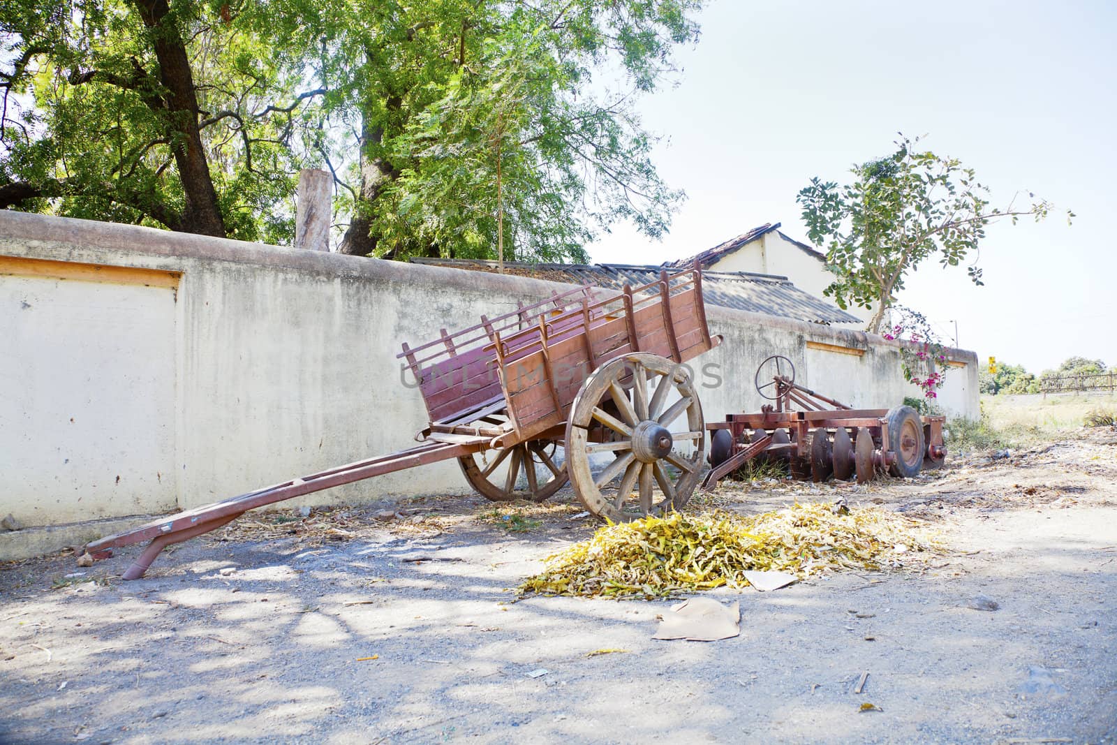 Landscape at the outskirts of an Indian hinterlands village of a wall lined with farm machinery and parked bullock cart under the shade of trees