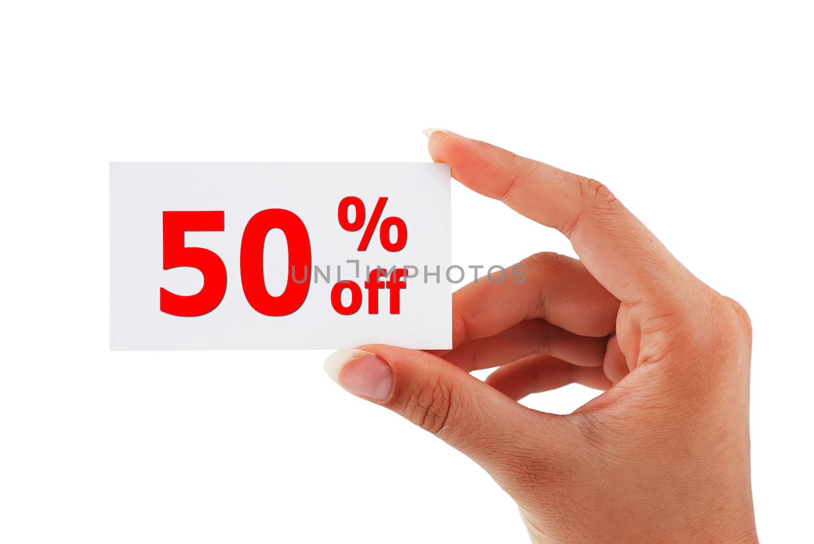 discount of 50 percent in hand on white background