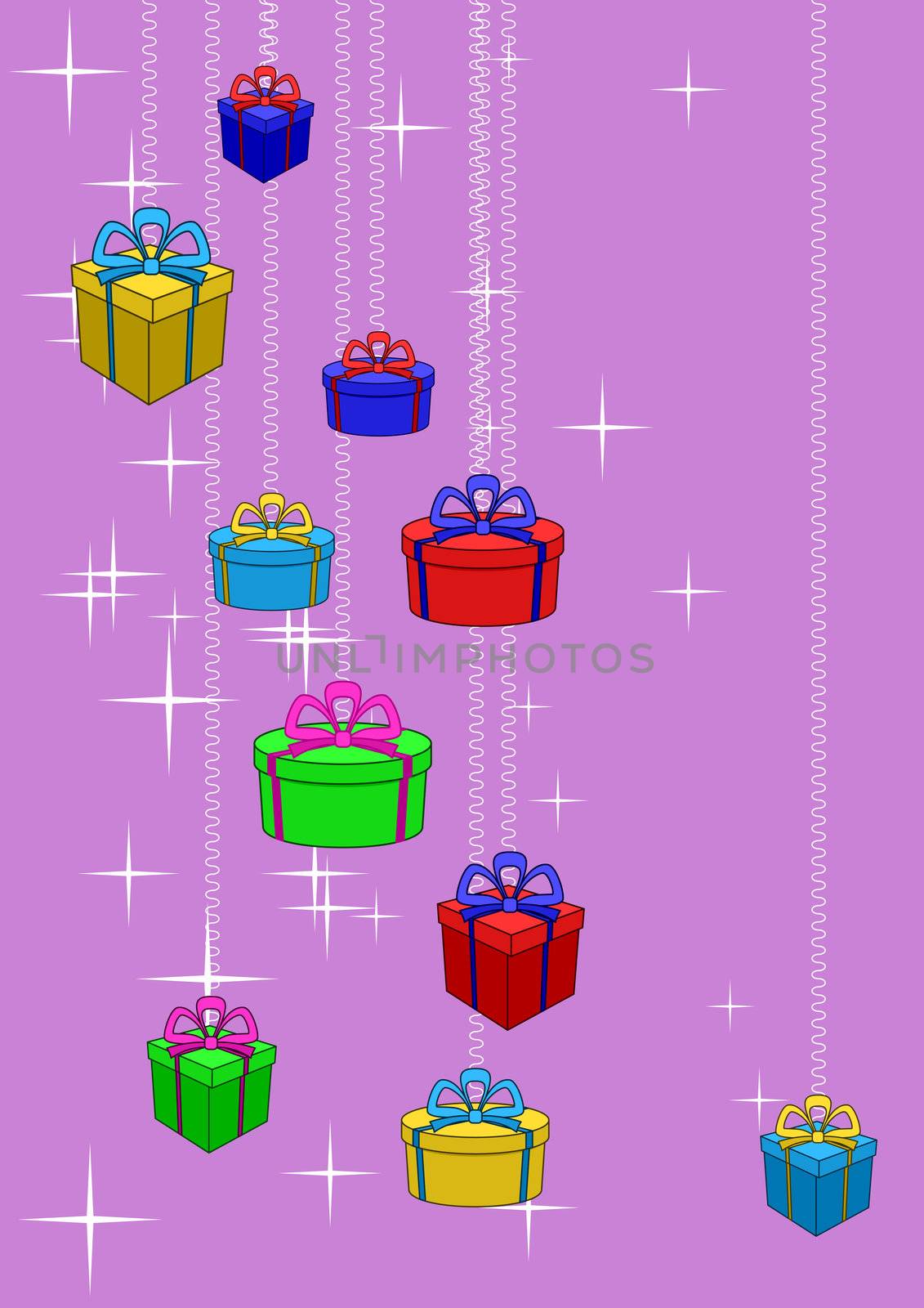 Boxes with gifts on a colour background with stars