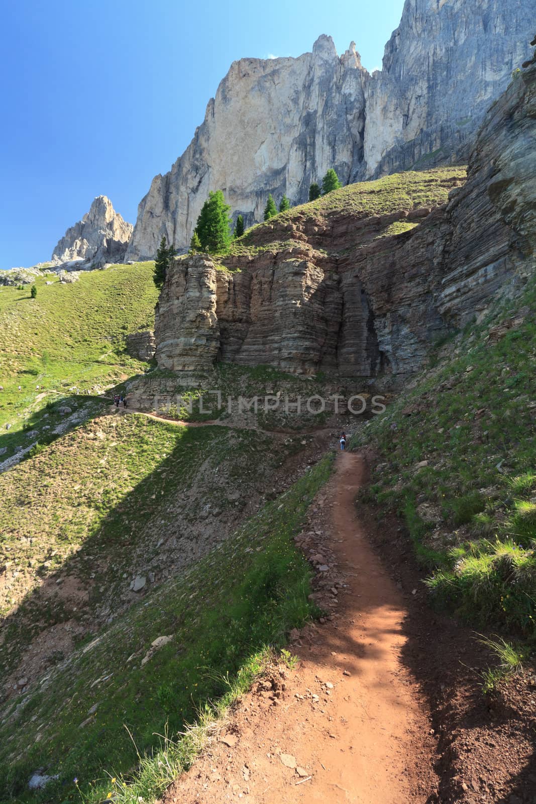 footpath in Catinaccio group on summer, Trentino, Italy
