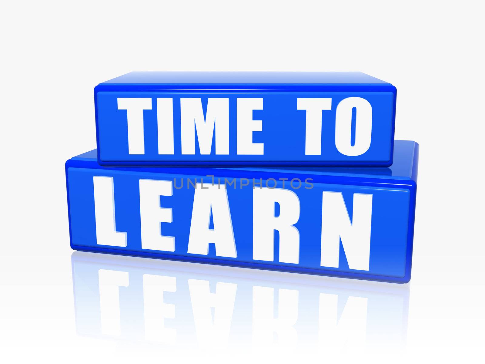 time to learn - text in 3d blue blocks with white letters, business education concept