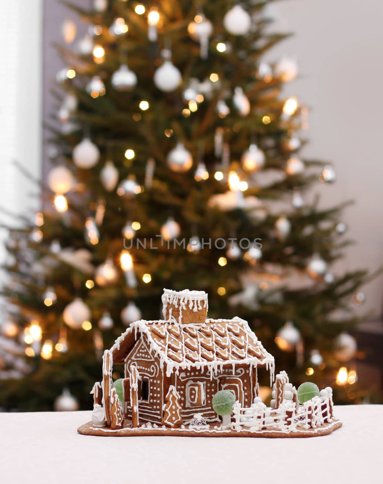 Gingerbread cottage with Christmas tree by anterovium