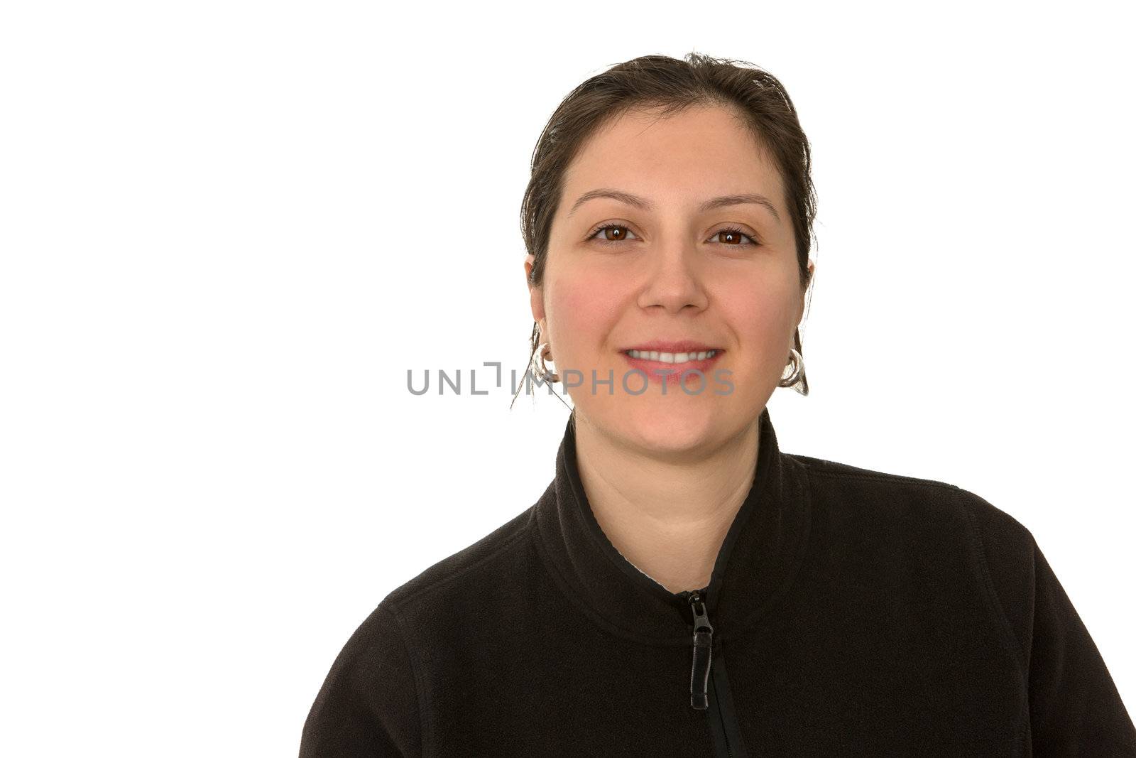 Turkish middle aged girl looking at camera with satisfied and trusty look. Isolated on White.