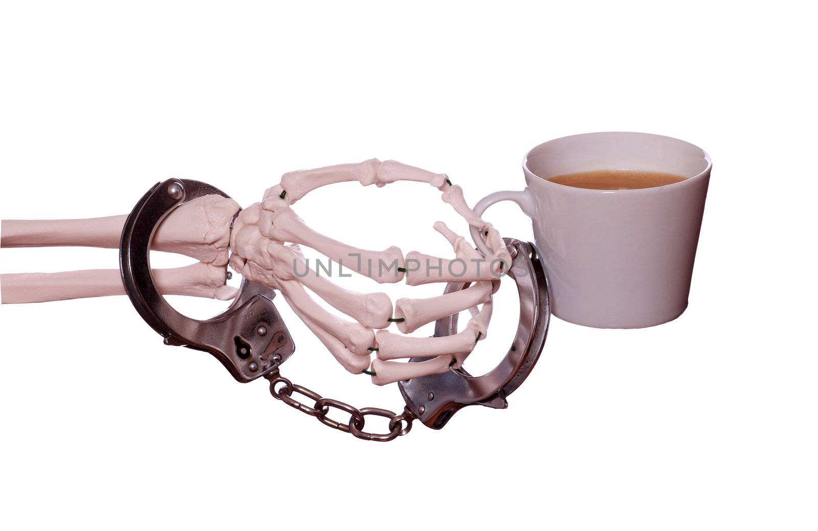 captured coffee with handcuff on skeleton hand