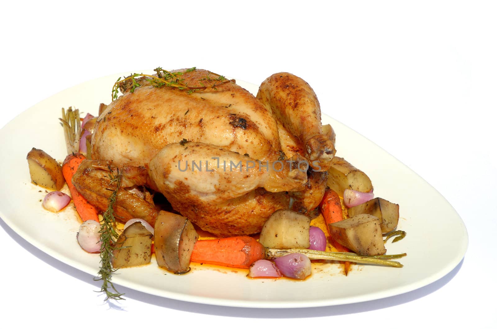 Roast chicken with vegetable isolated, Delicious food