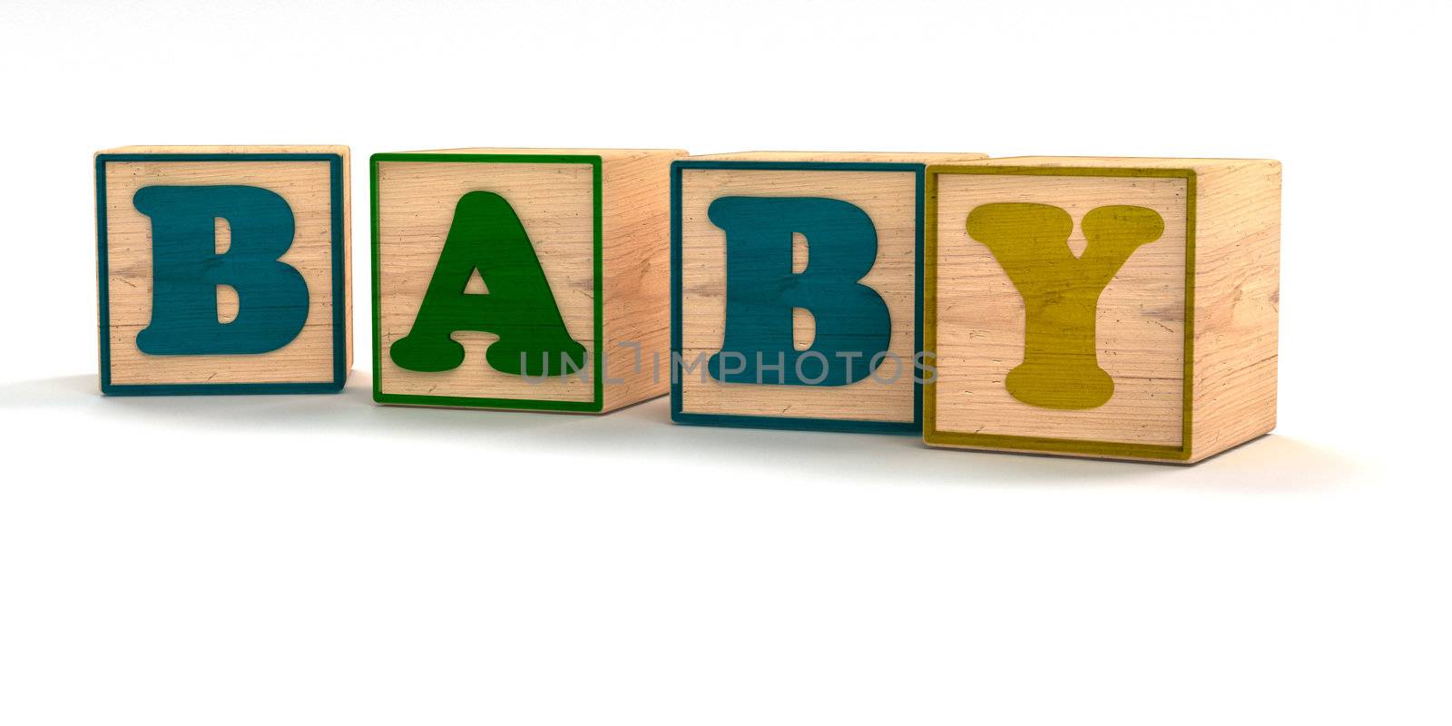 Baby Spelled out In Child Color Blocks Angled with White Background and soft shadows