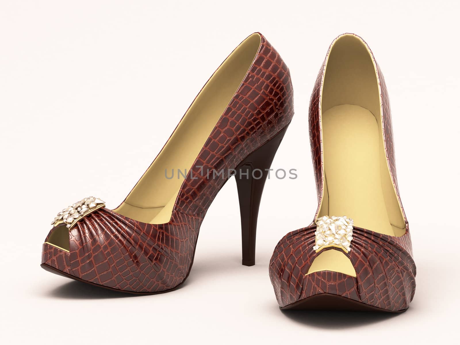 Crocodile leather women's shoes with high heels close up on a light background