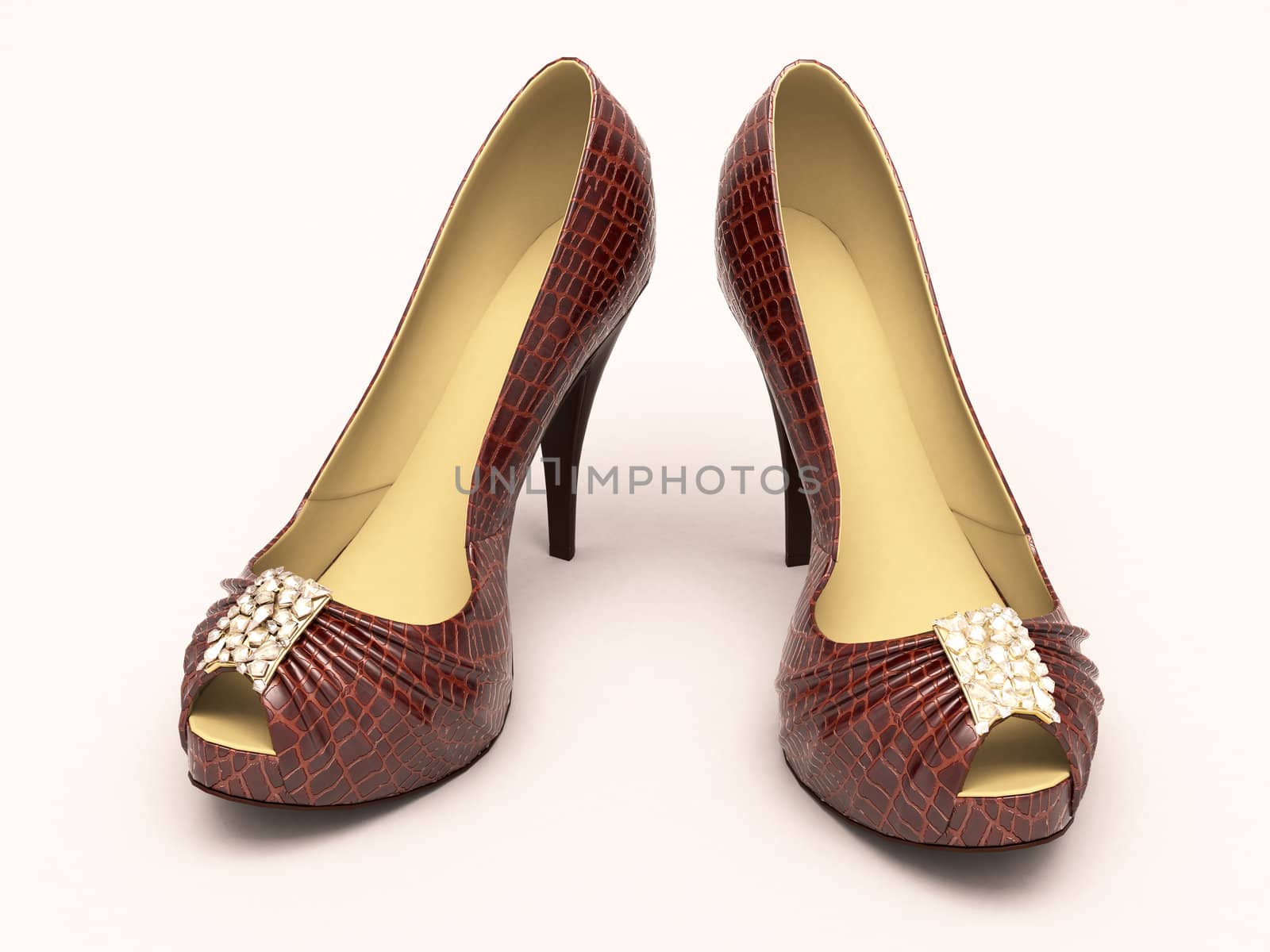 Crocodile leather women's shoes with high heels close up on a light background