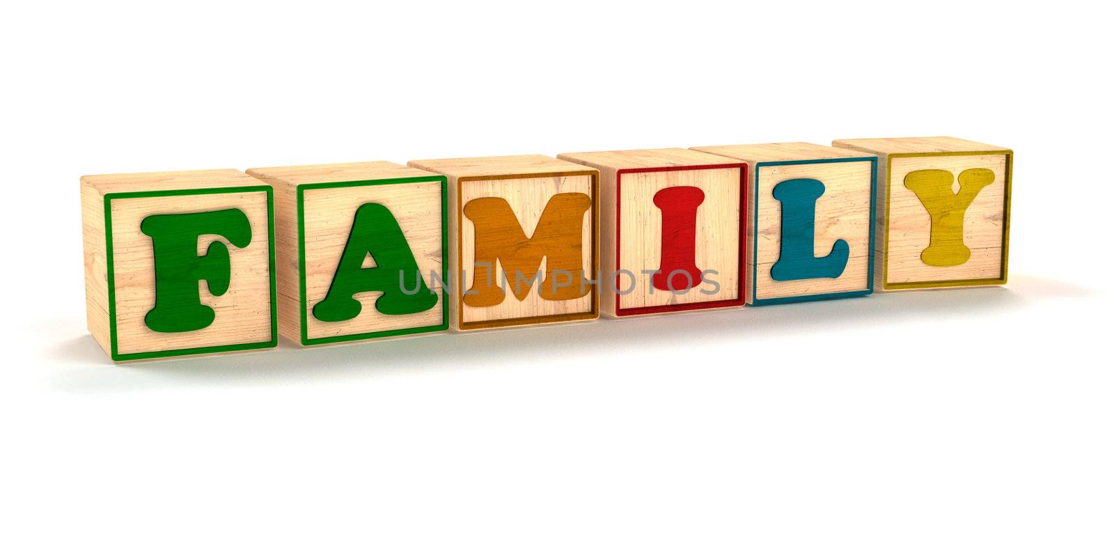 Family Spelled out In Child Color Blocks Angled with White Background and soft shadows