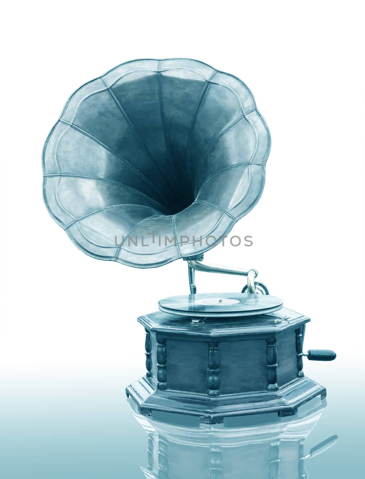 Vintage Gramophone with disc isolated on grunge background