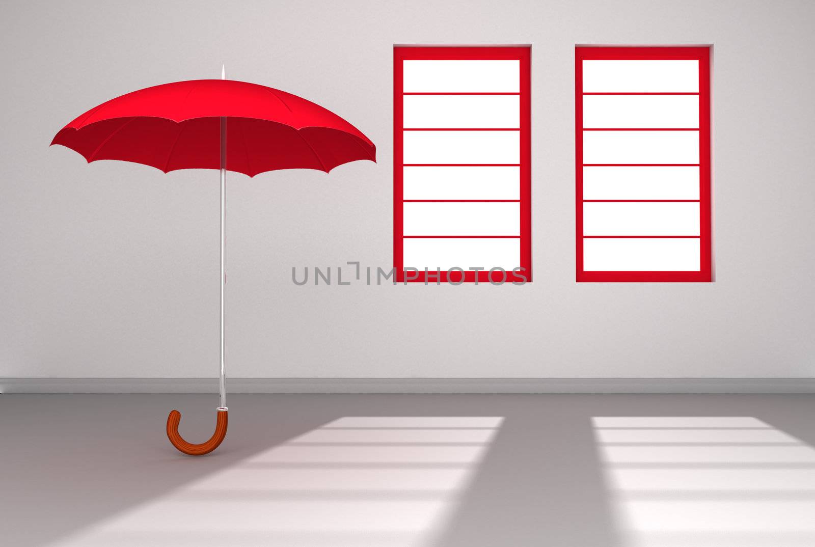 A lone red umbrella open in a white room with sun streaming through two windows