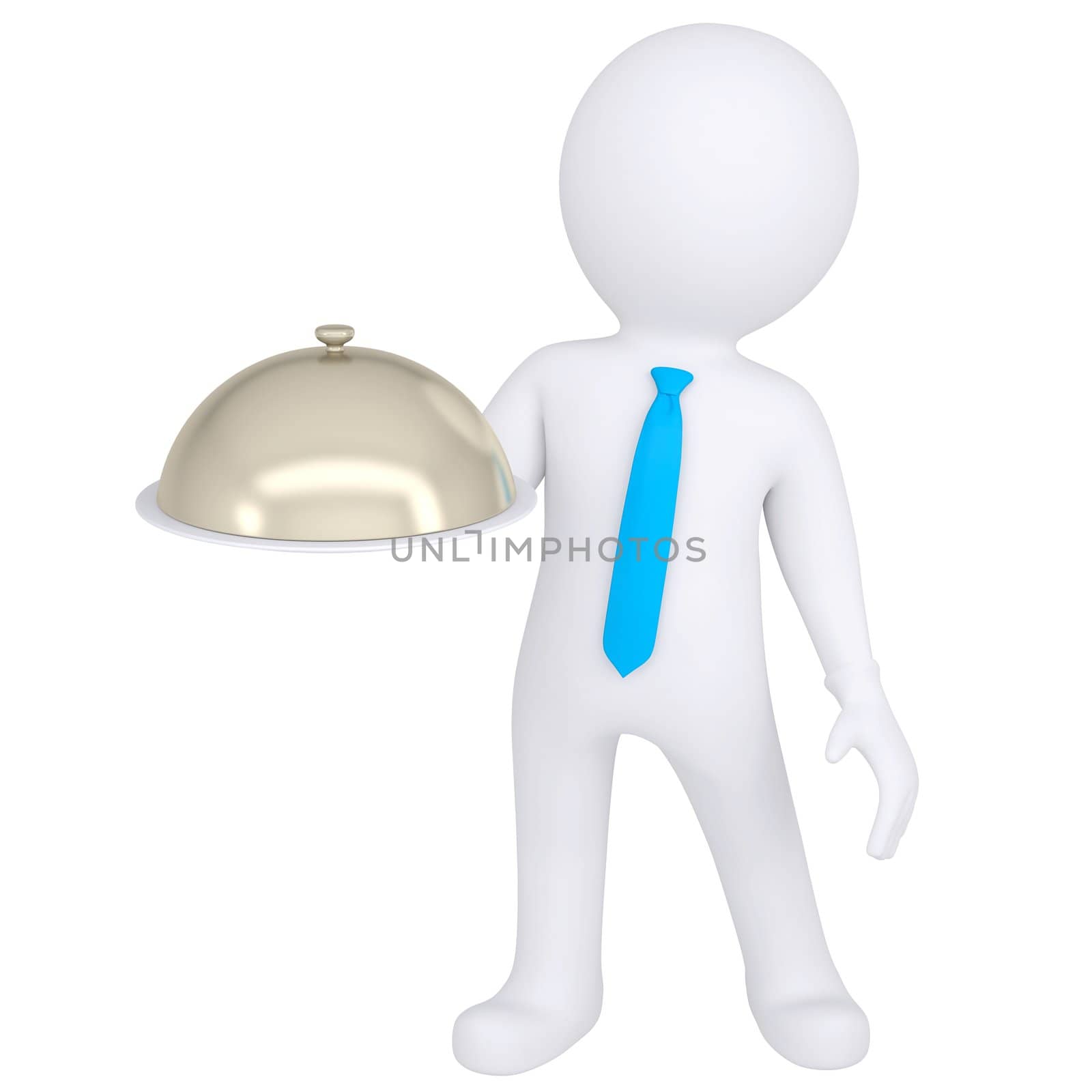 3d white man holding a bowl in his hand. Isolated render on a white background