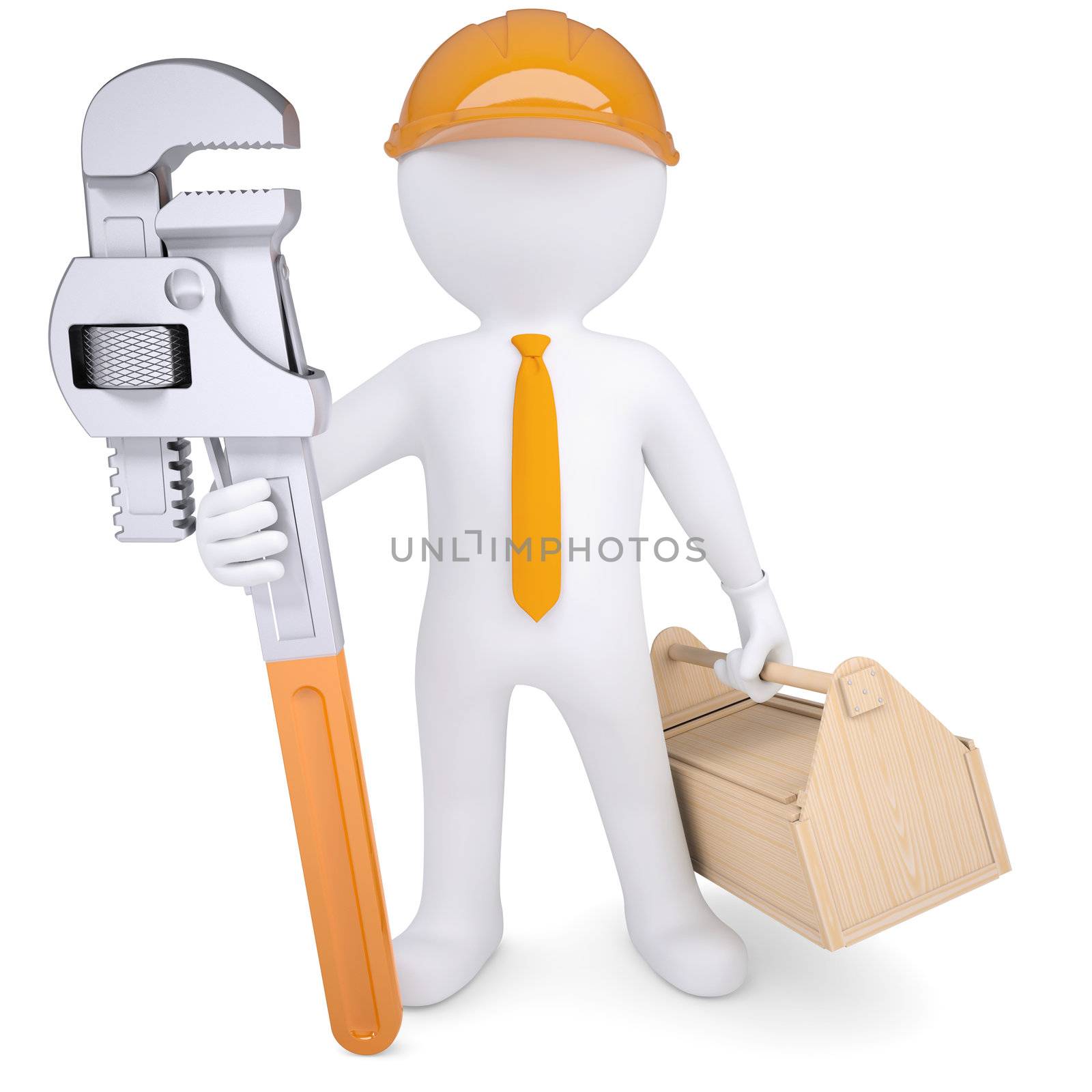 3d white man in a helmet with a pipe wrench and tool box. Isolated render on a white background