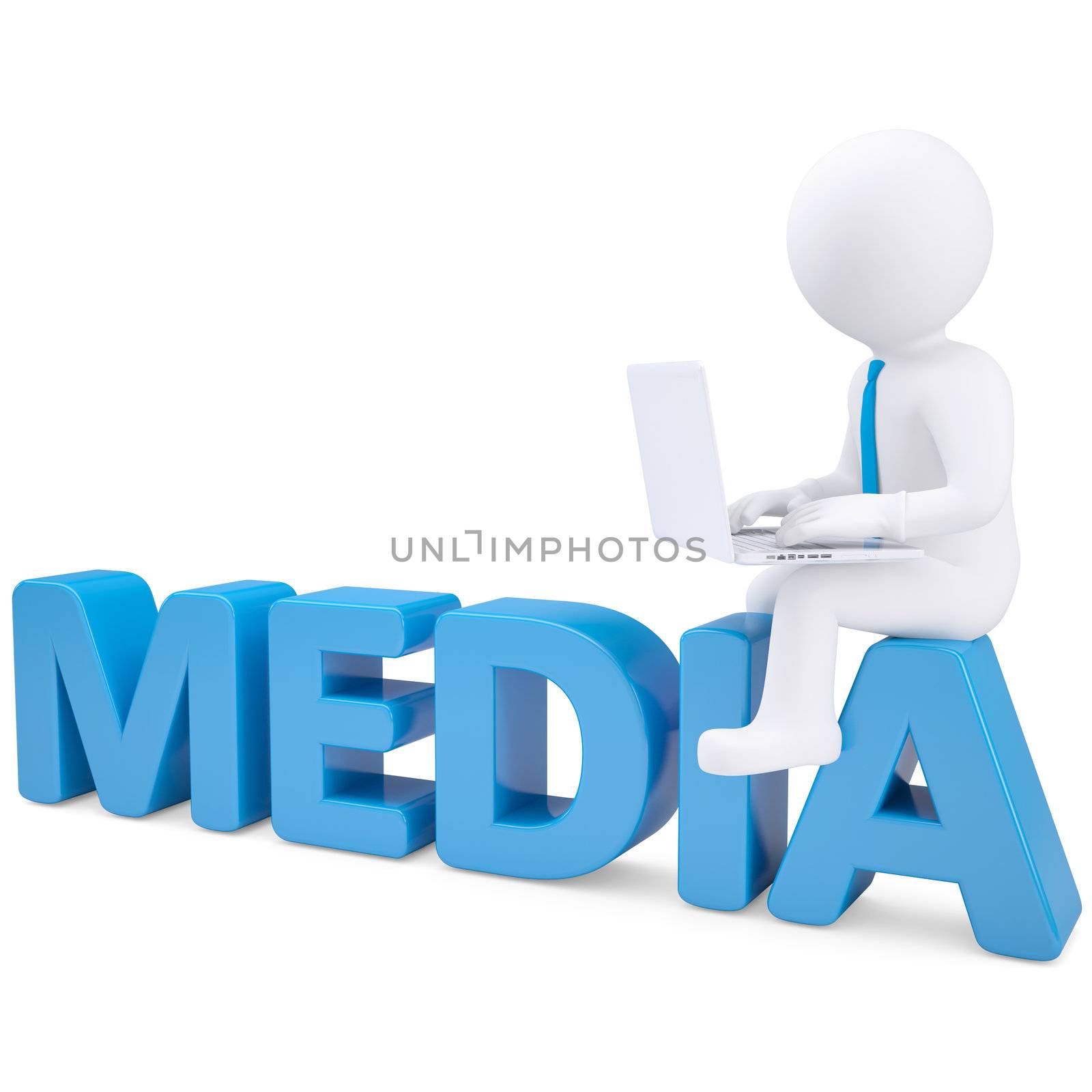 3d white man with laptop sitting on the word MEDIA. Isolated render on a white background