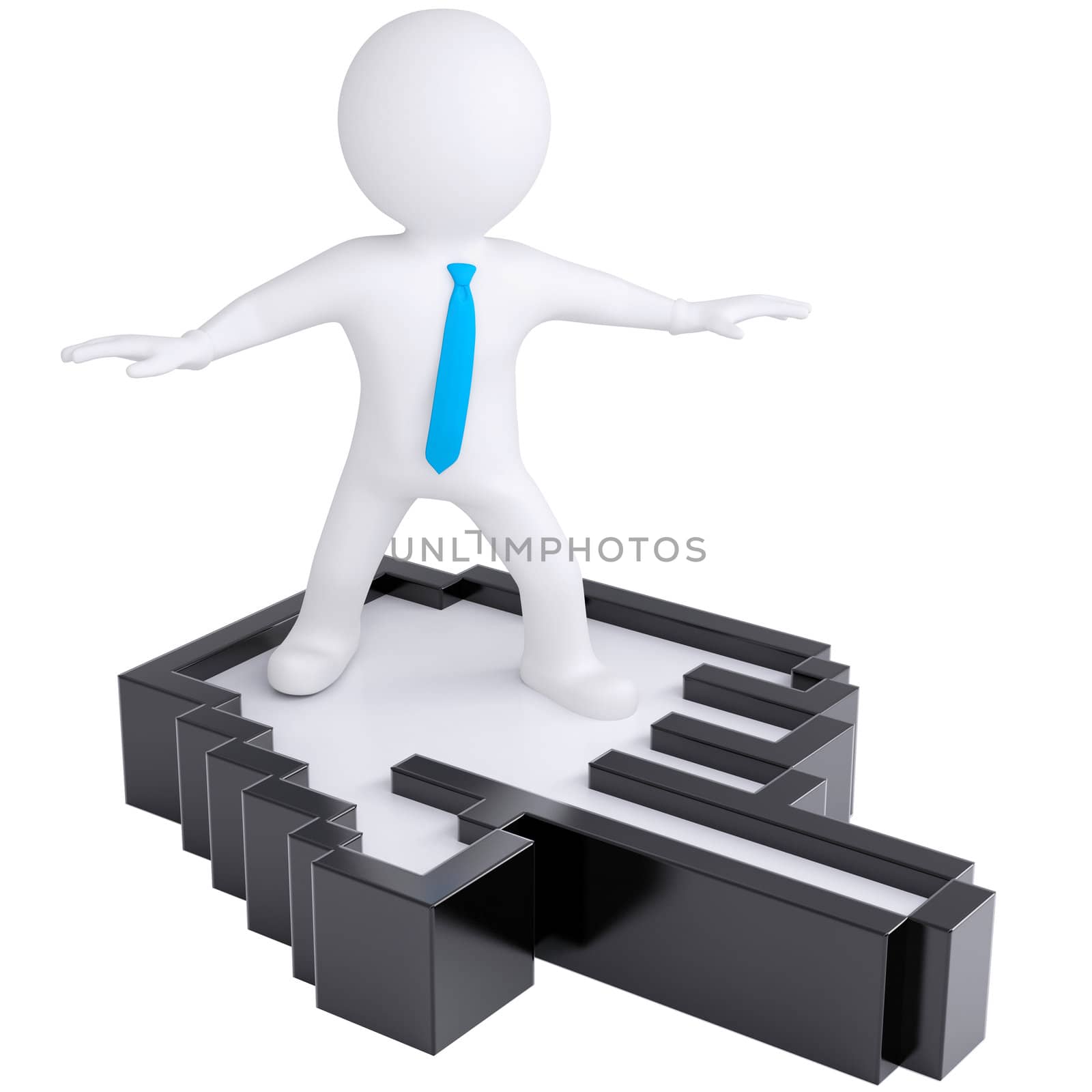 3d white man flying on computer hand. Isolated render on a white background