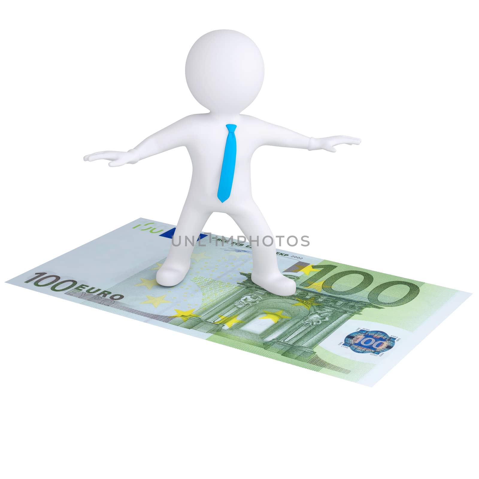 3d white man flying on the euro bill. Isolated render on a white background