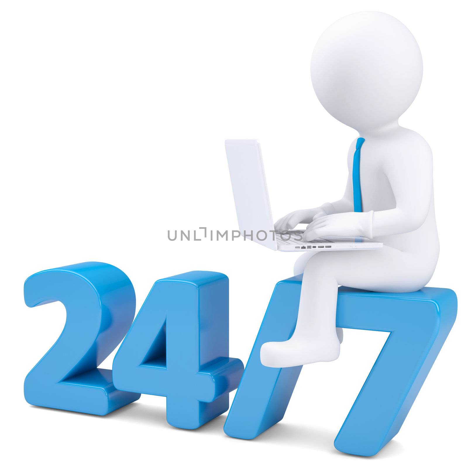 3d white man with laptop sitting on the numbers 24/7. Isolated render on a white background