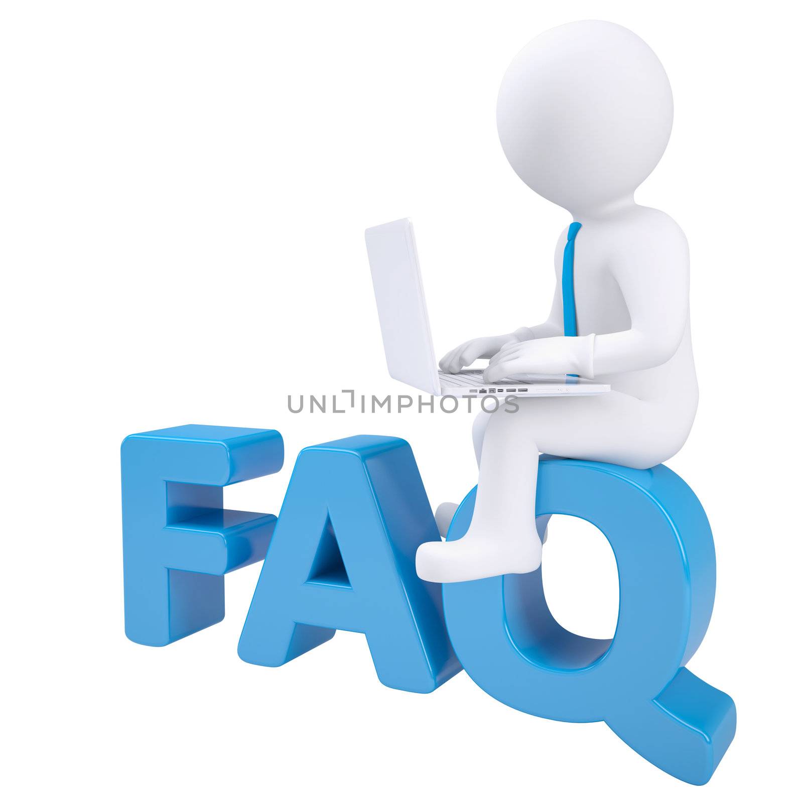 3d white man with laptop sitting on the word FAQ by cherezoff
