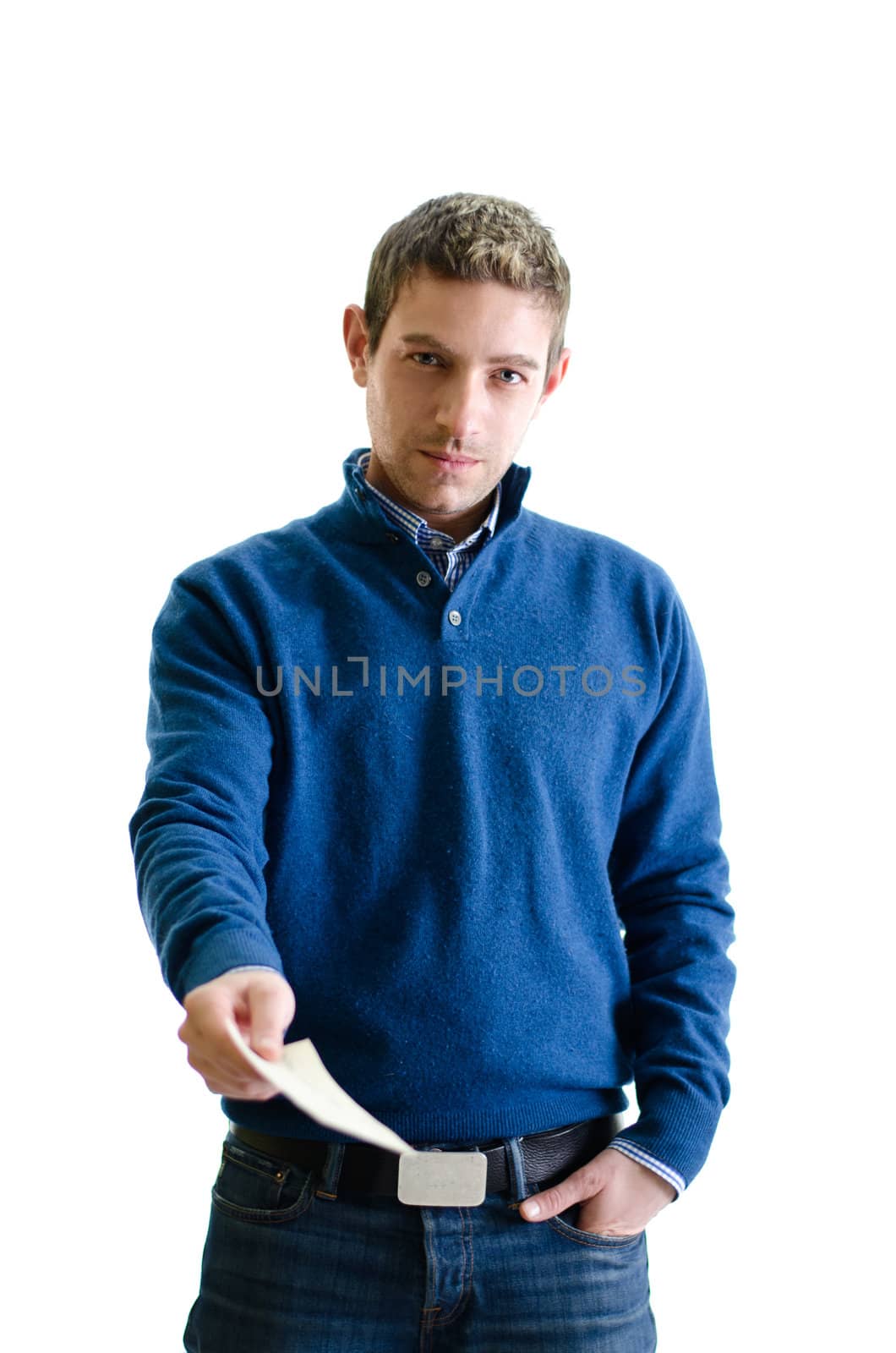 Handsome young man giving or handling sheet of paper by artofphoto