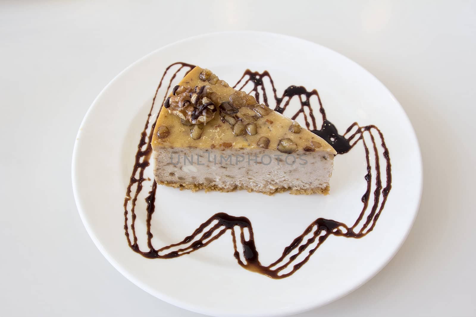 Walnut Cheesecake Slice with Dark Chocolate Drizzle on White Plate