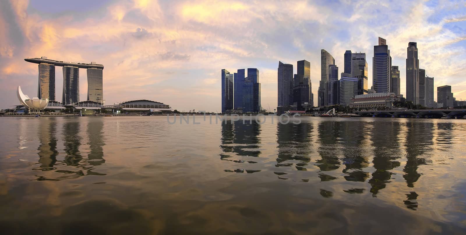 Reflection of Singapore Central Business District Skyline Along Singapore River at Sunset Panorama