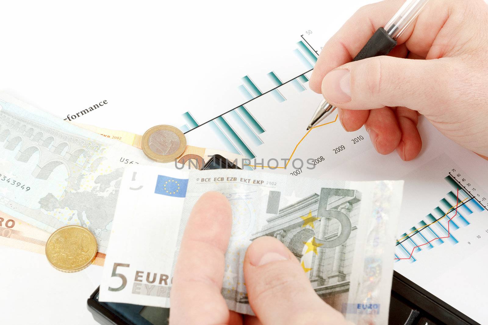 money in hand, pen, chart, workplace businessman, business collage