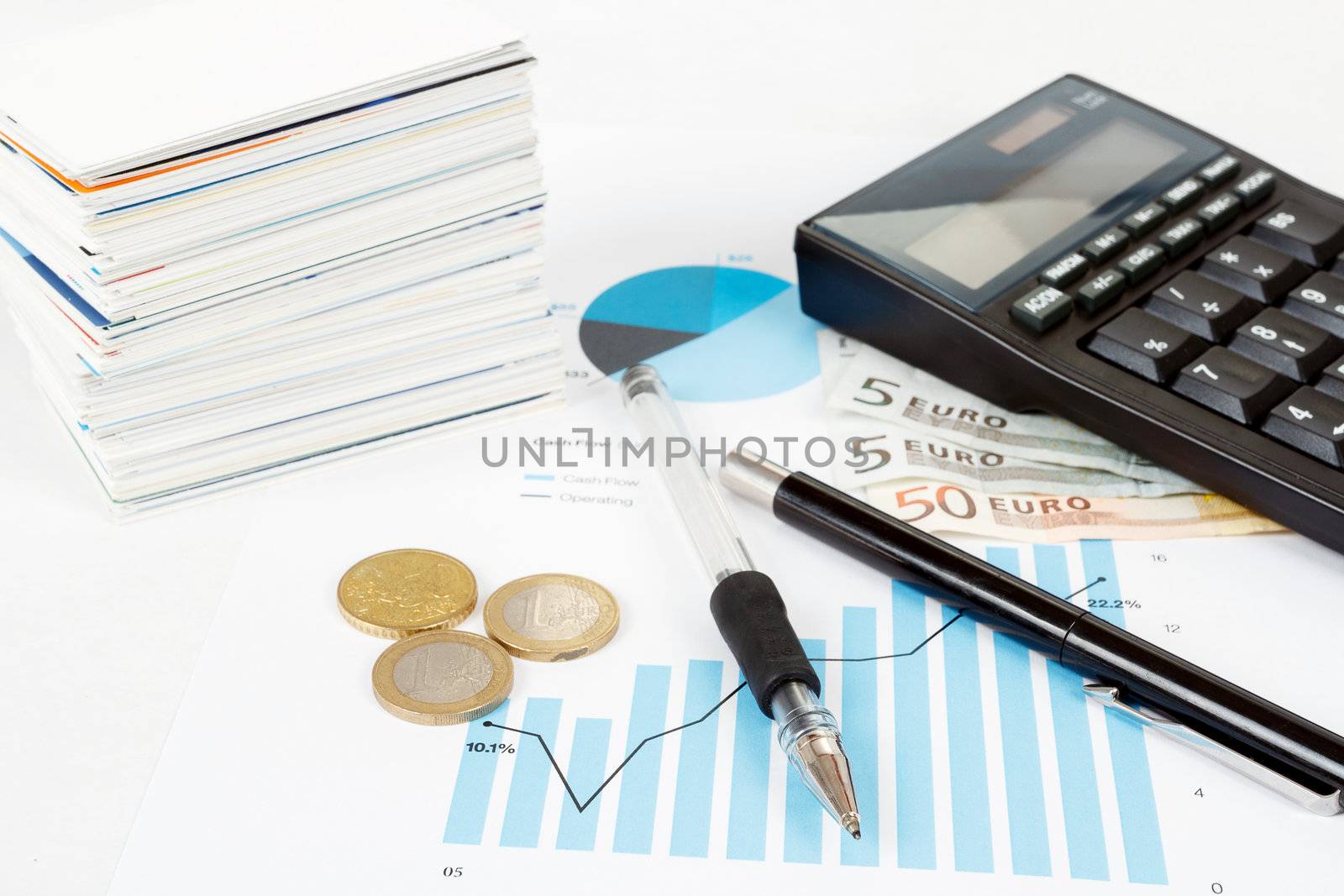 calculator, charts, pen, business cards, money, workplace businessman, business collage