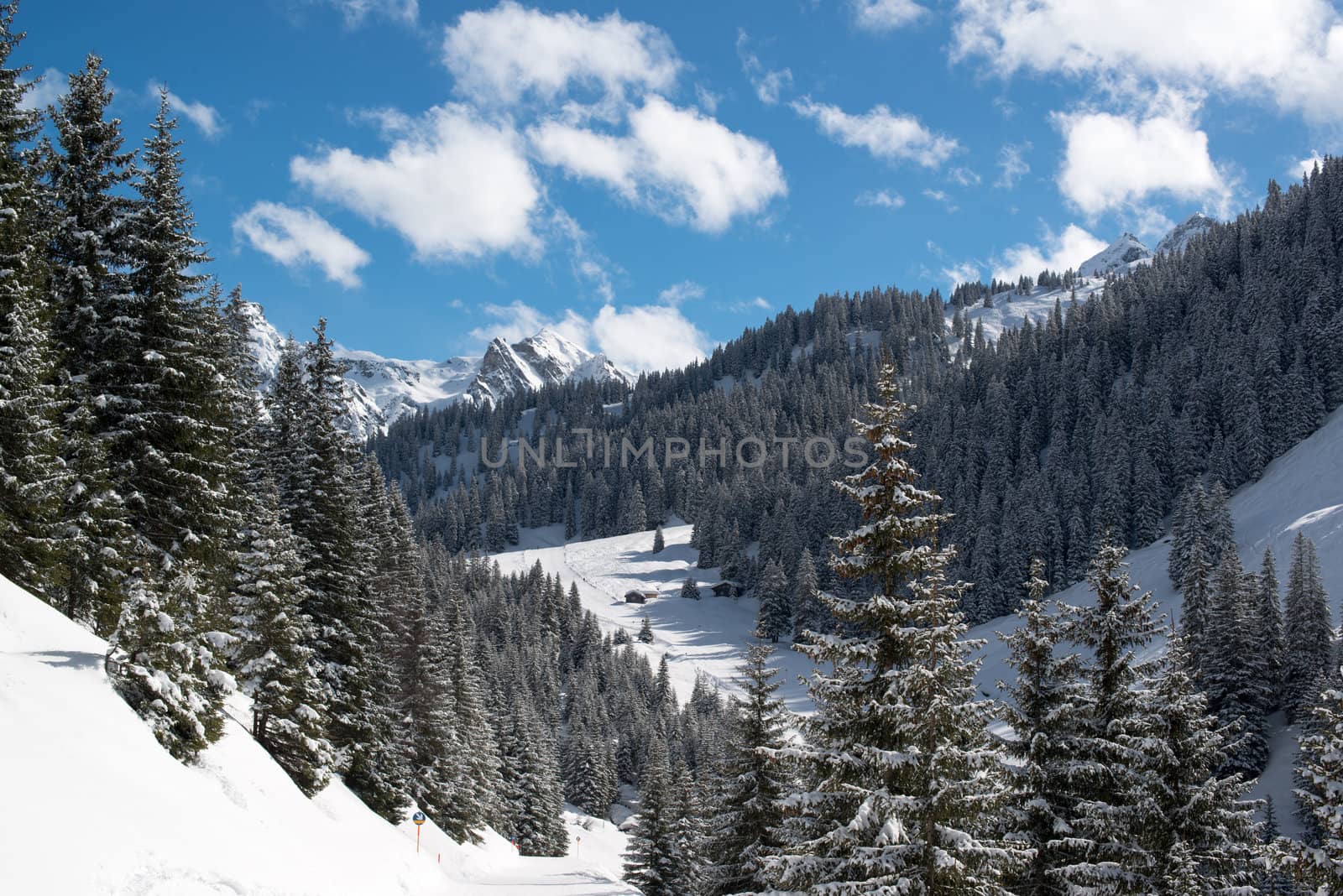 Ski resort in the Alpes in a valley of Montafon