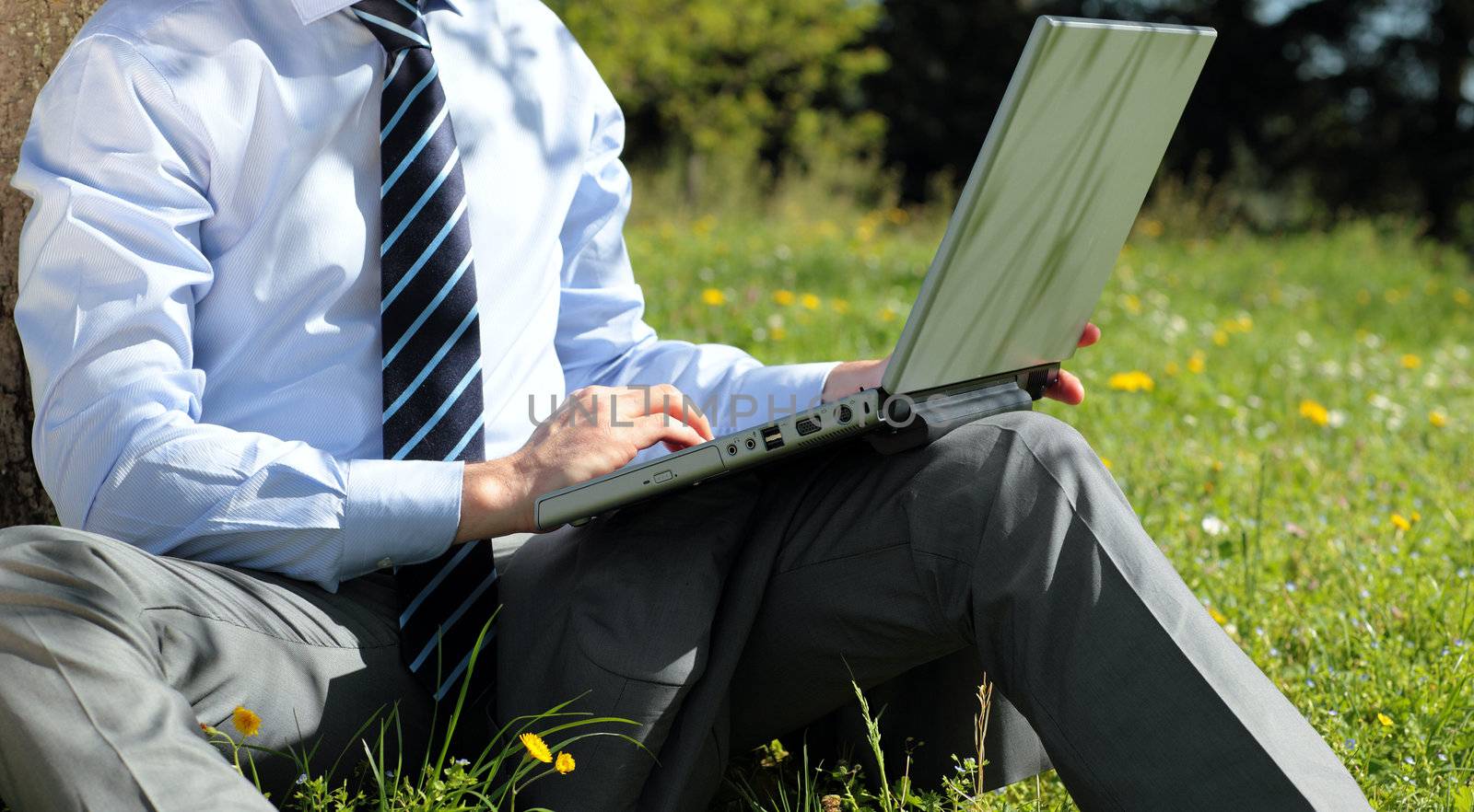 panoramic view of businessman working with laptop outdoor