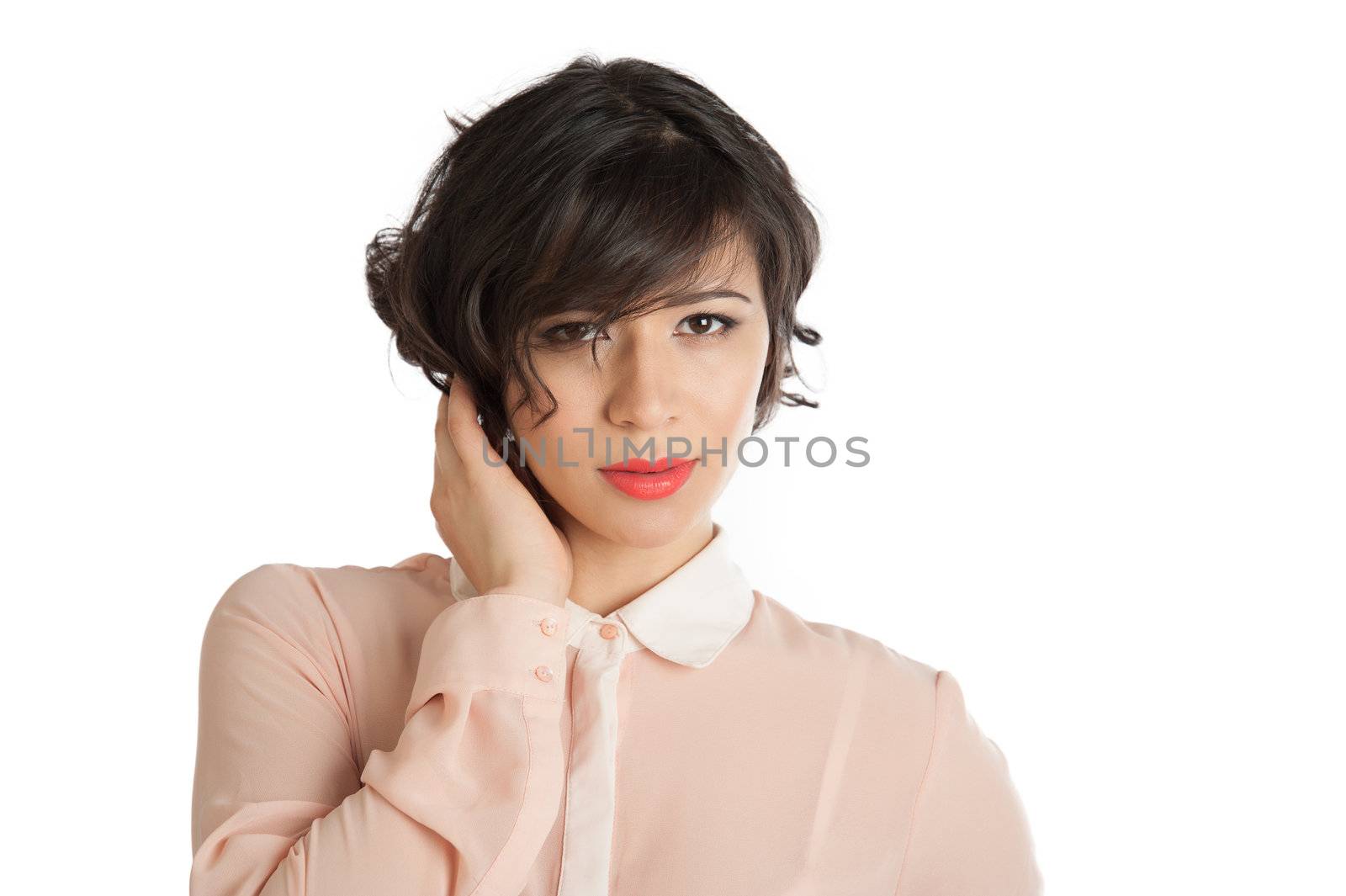 Portrait of a woman in a pink blouse on a white background isolated