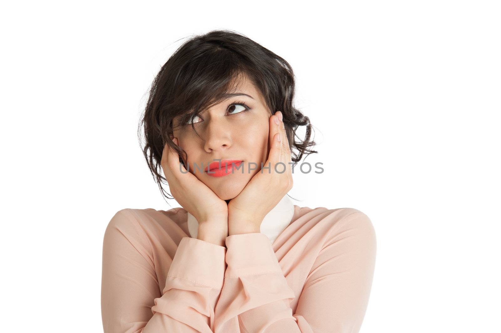 Portrait of a woman in a pink blouse on a white background isolated