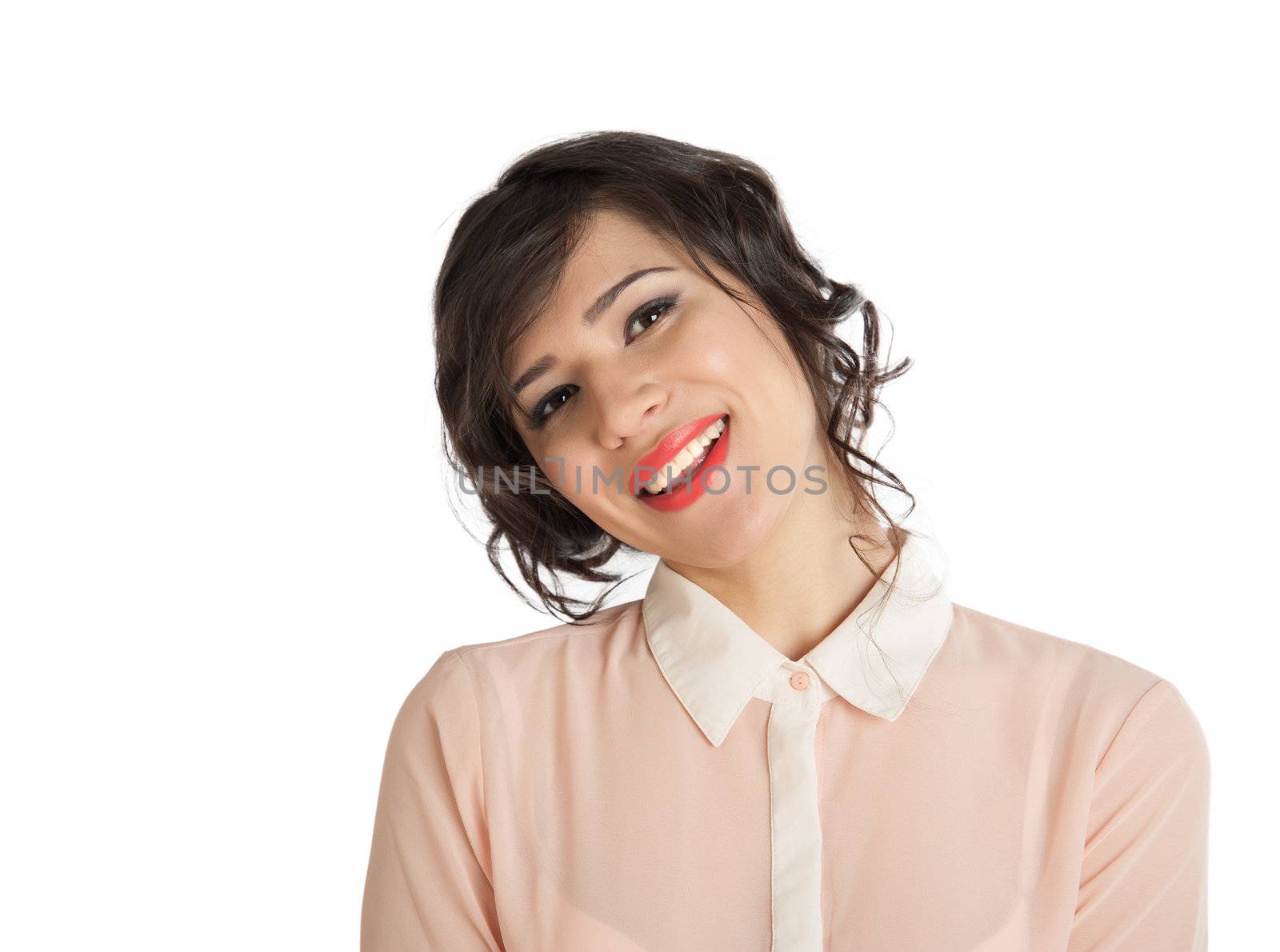 Portrait of a woman in a pink blouse on a white background isolated